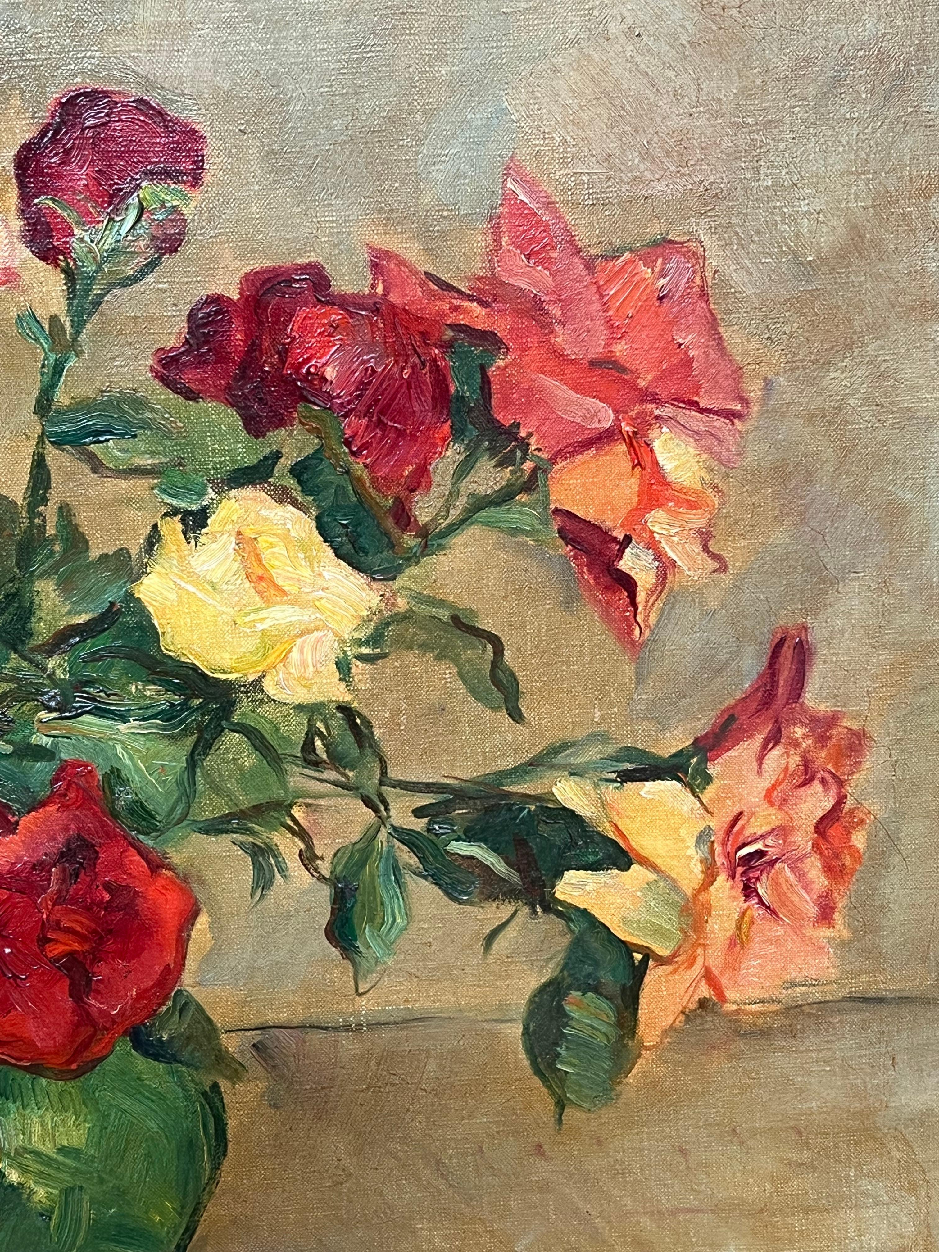 Italienische impressionistische signierte Öl-Stilllebenvase mit Rosen in Grün, Italien, Mitte des 20. Jahrhunderts (Grau), Interior Painting, von Carlo Cherubini