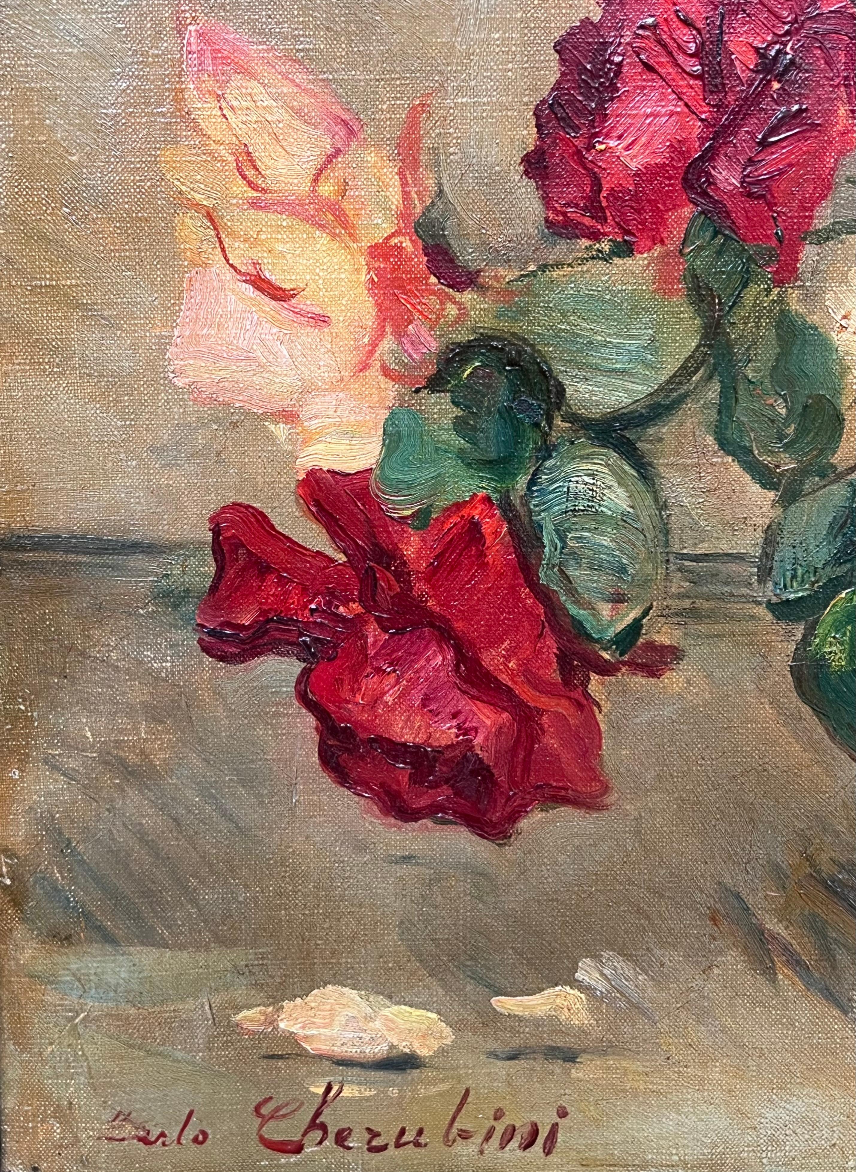 Italienische impressionistische signierte Öl-Stilllebenvase mit Rosen in Grün, Italien, Mitte des 20. Jahrhunderts im Angebot 1