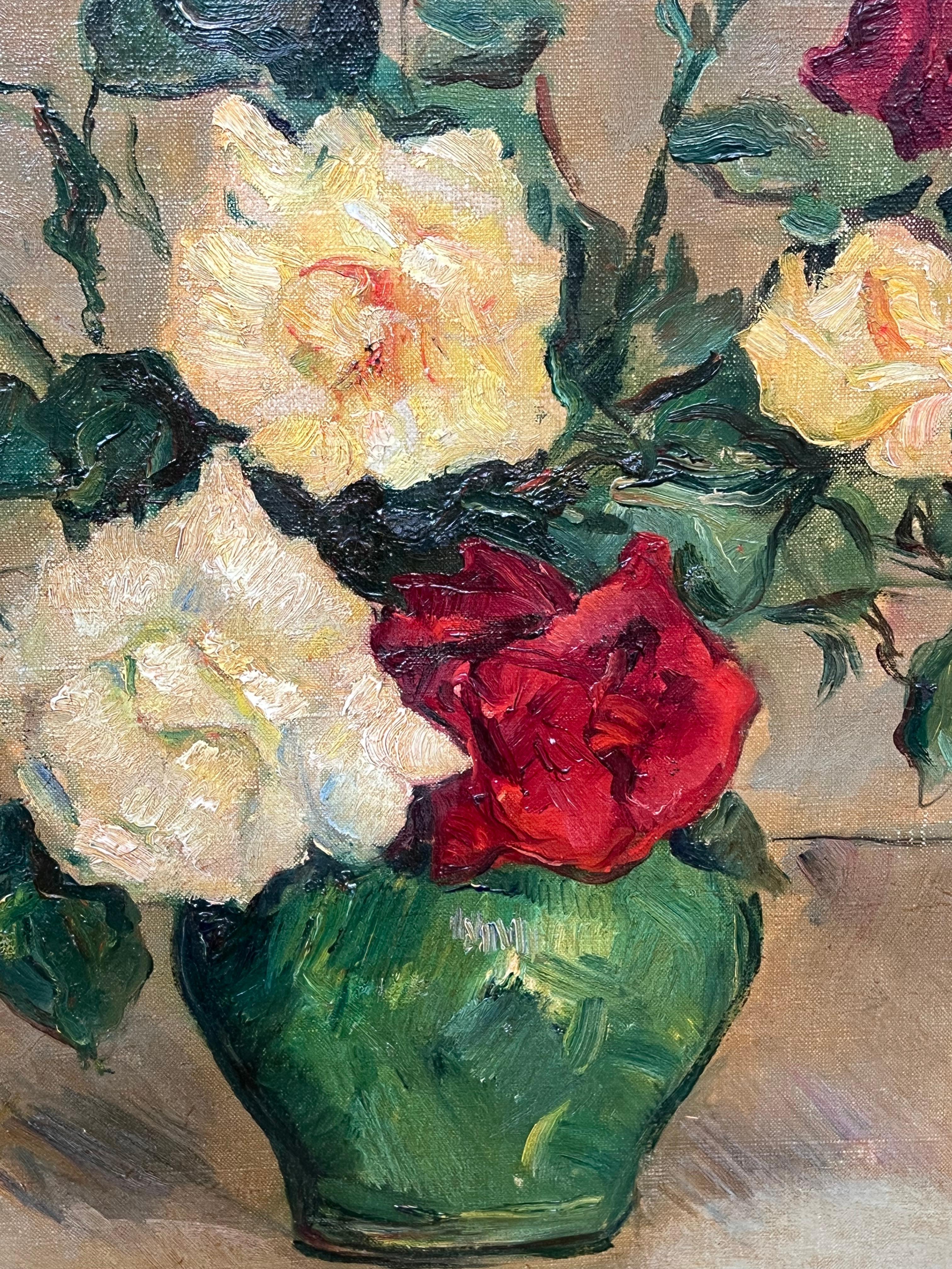 Italienische impressionistische signierte Öl-Stilllebenvase mit Rosen in Grün, Italien, Mitte des 20. Jahrhunderts im Angebot 2