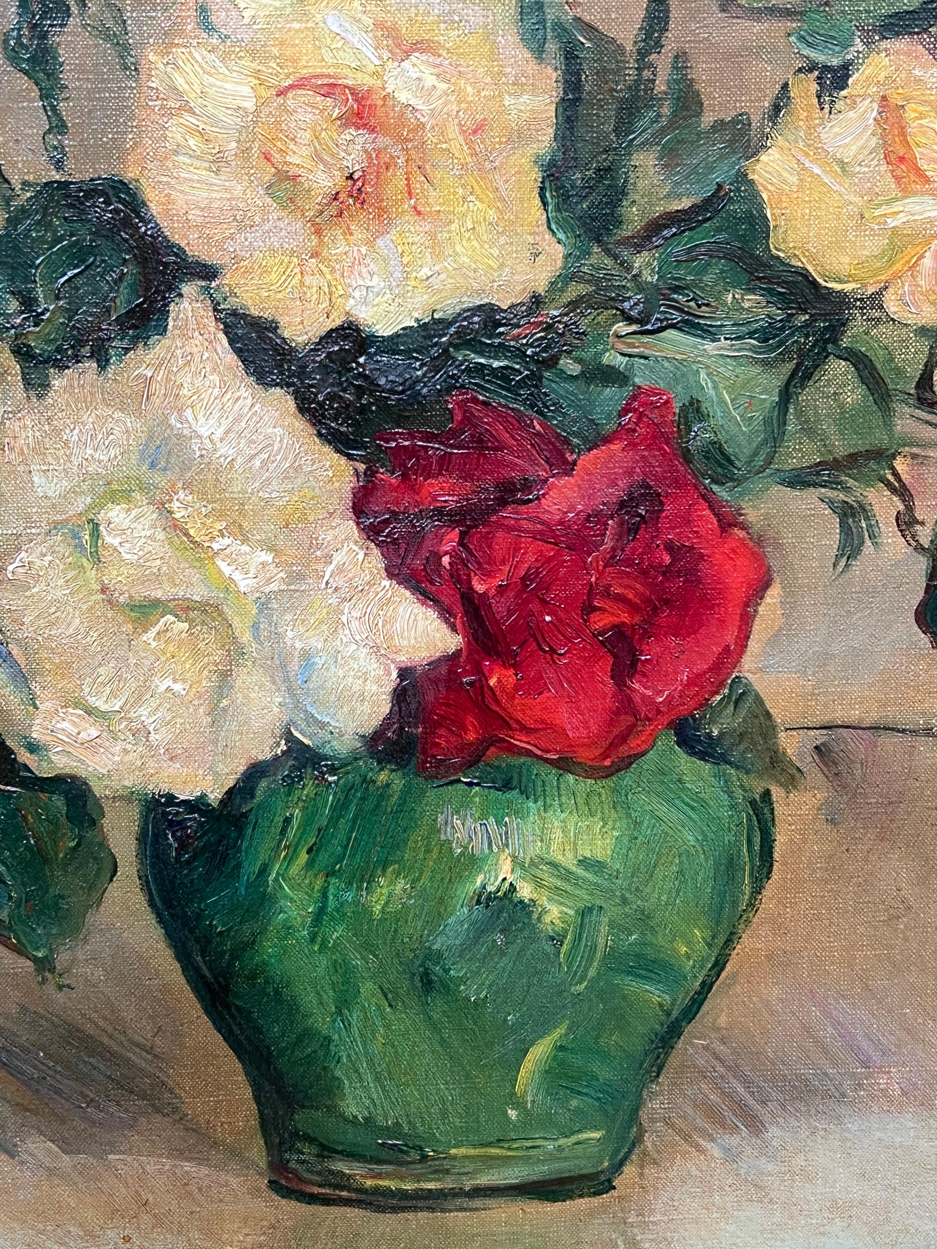 Italienische impressionistische signierte Öl-Stilllebenvase mit Rosen in Grün, Italien, Mitte des 20. Jahrhunderts im Angebot 3