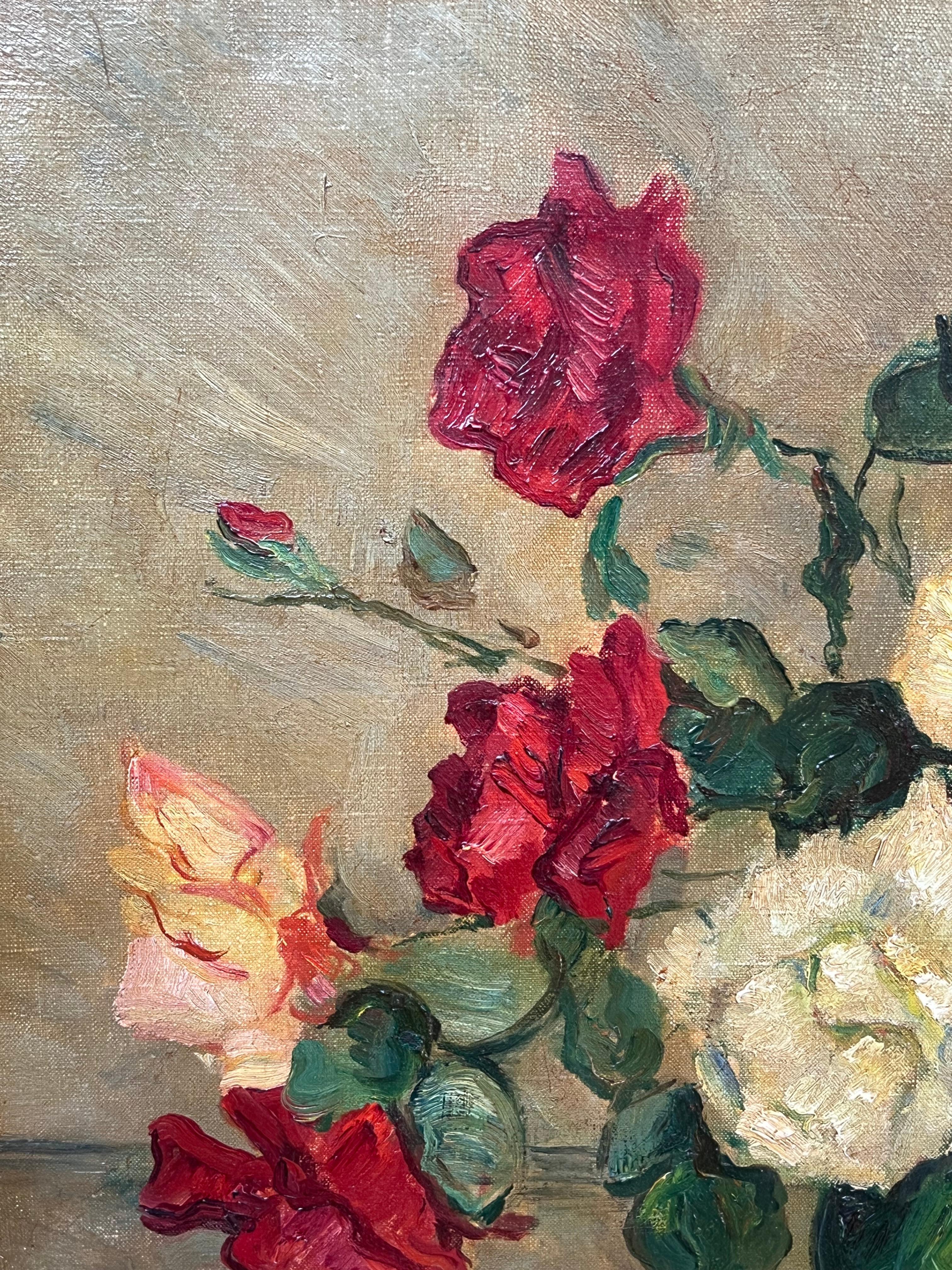 Italienische impressionistische signierte Öl-Stilllebenvase mit Rosen in Grün, Italien, Mitte des 20. Jahrhunderts im Angebot 4