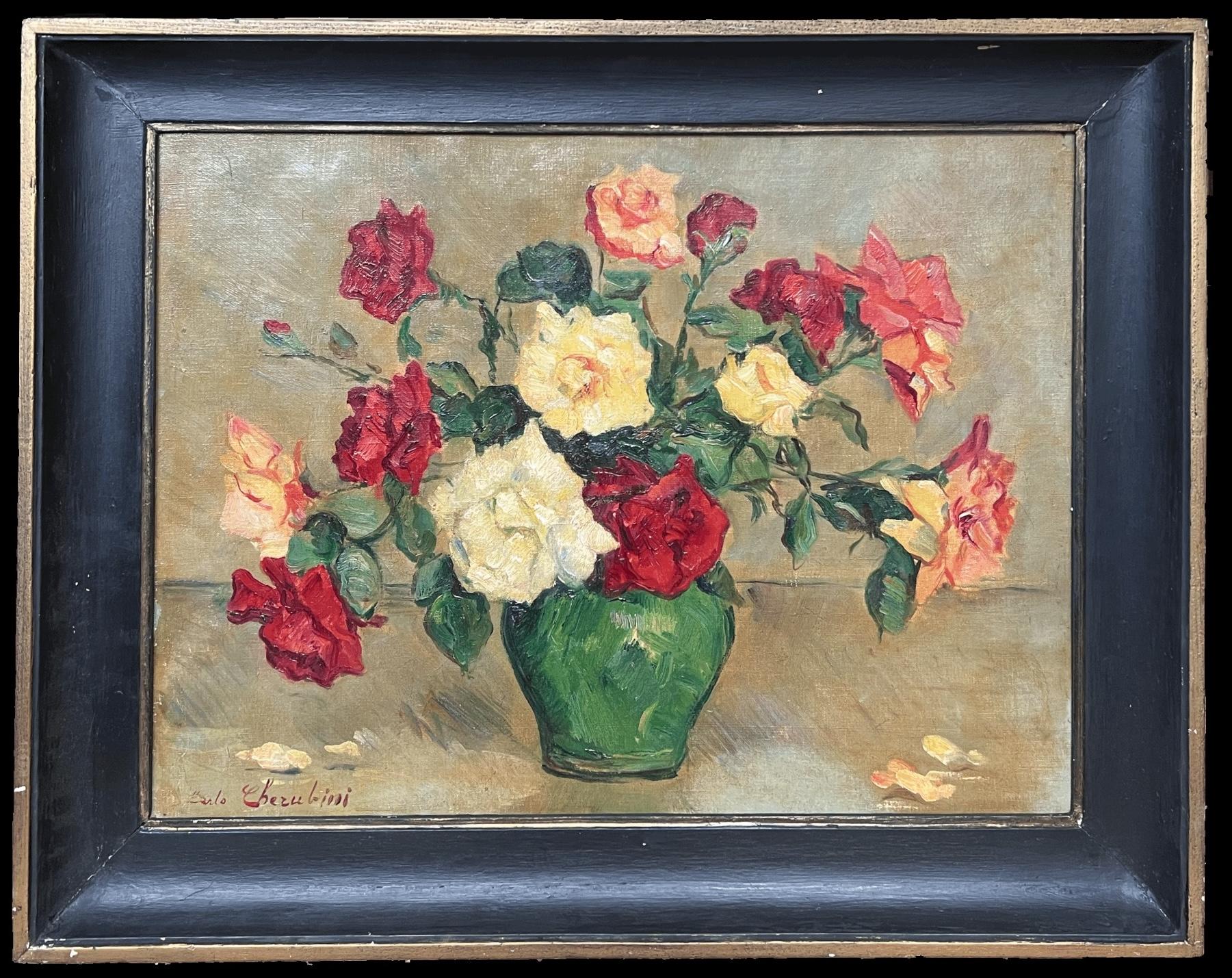 Italienische impressionistische signierte Öl-Stilllebenvase mit Rosen in Grün, Italien, Mitte des 20. Jahrhunderts