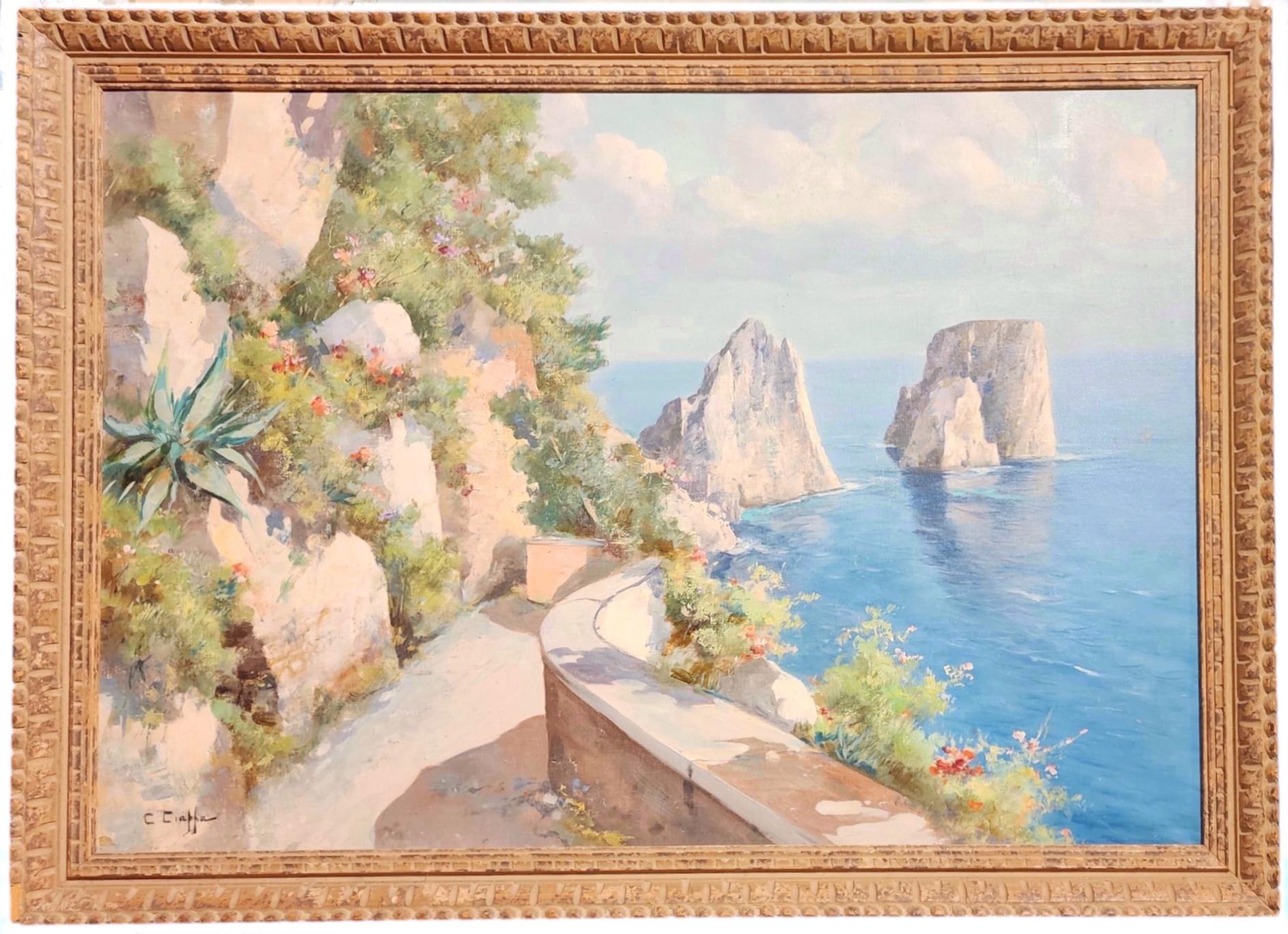 Landscape Painting de Carlo Ciappa - Carretera Alrededor de Capri, Mar Tirreno, Paisaje Italiano, Isla, Región Campania