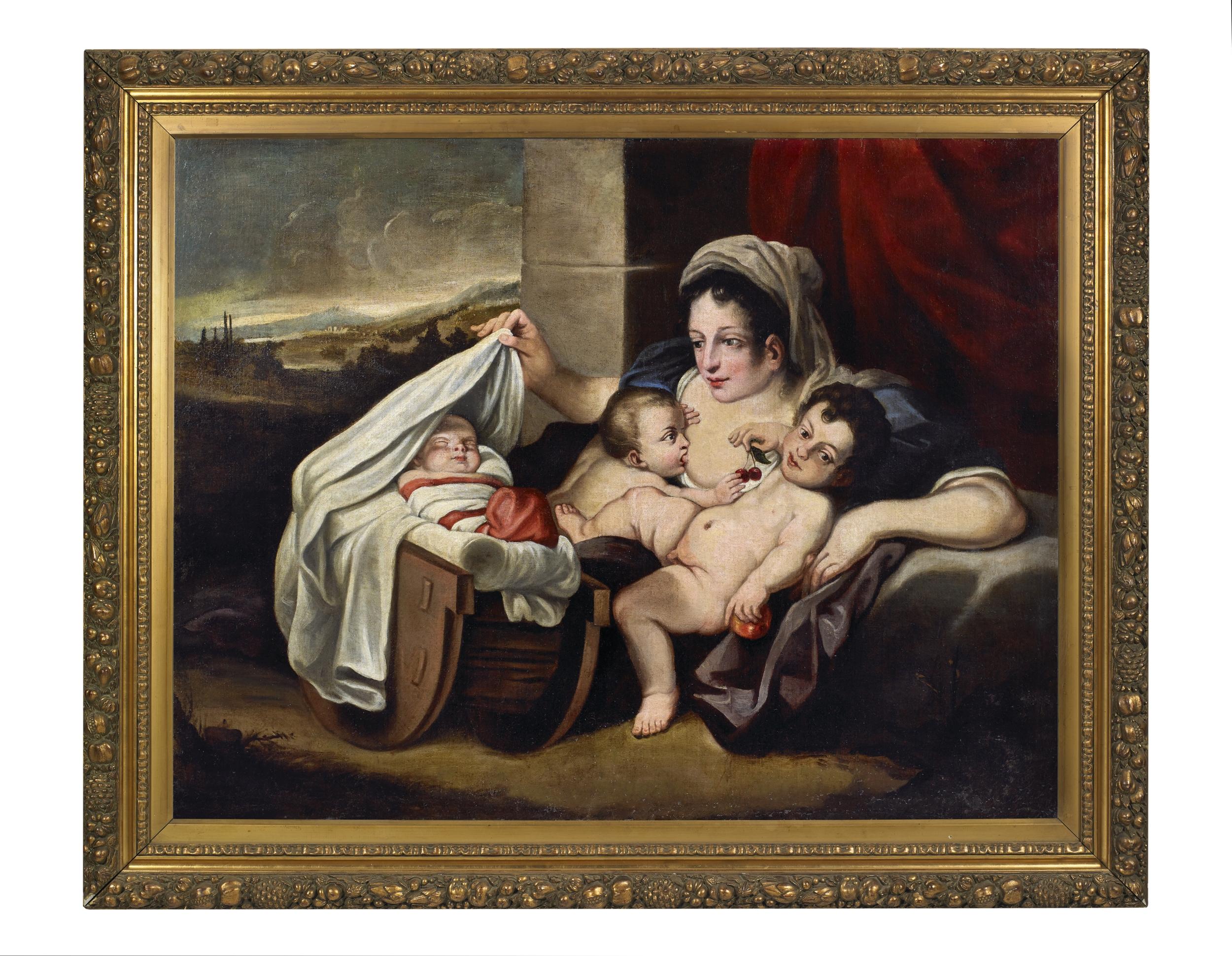 17. Jahrhundert Allegorie der Nächstenliebe Carlo Cignani Madonna mit Kind Öl auf Leinwand  im Angebot 1