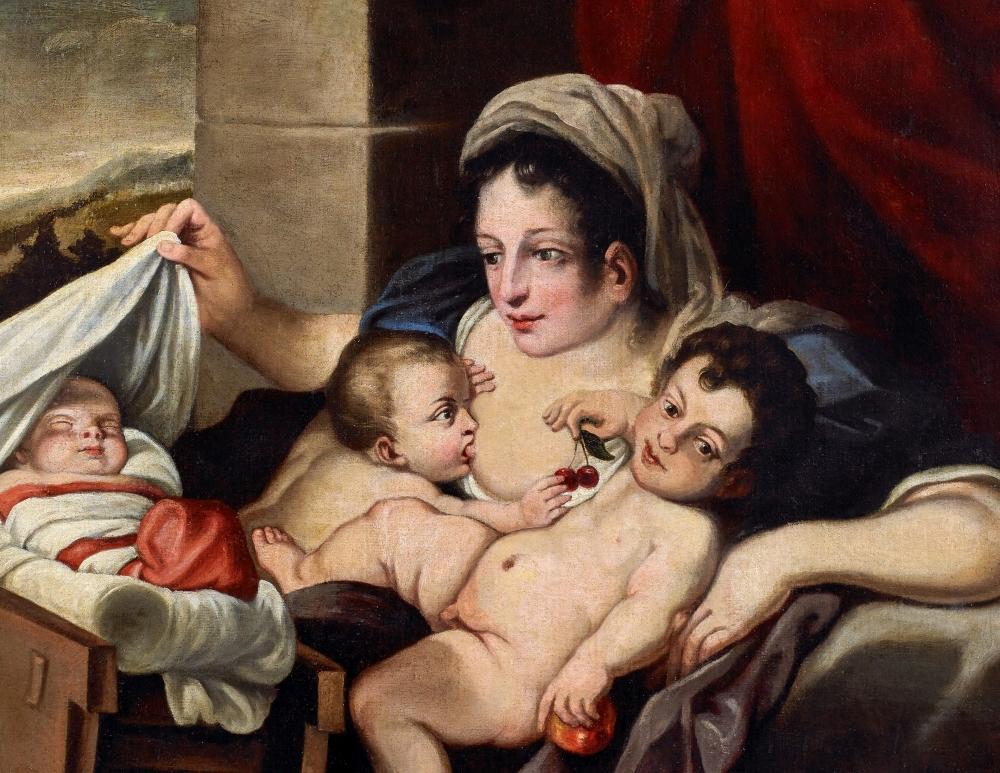 17. Jahrhundert Allegorie der Nächstenliebe Carlo Cignani Madonna mit Kind Öl auf Leinwand  im Angebot 4