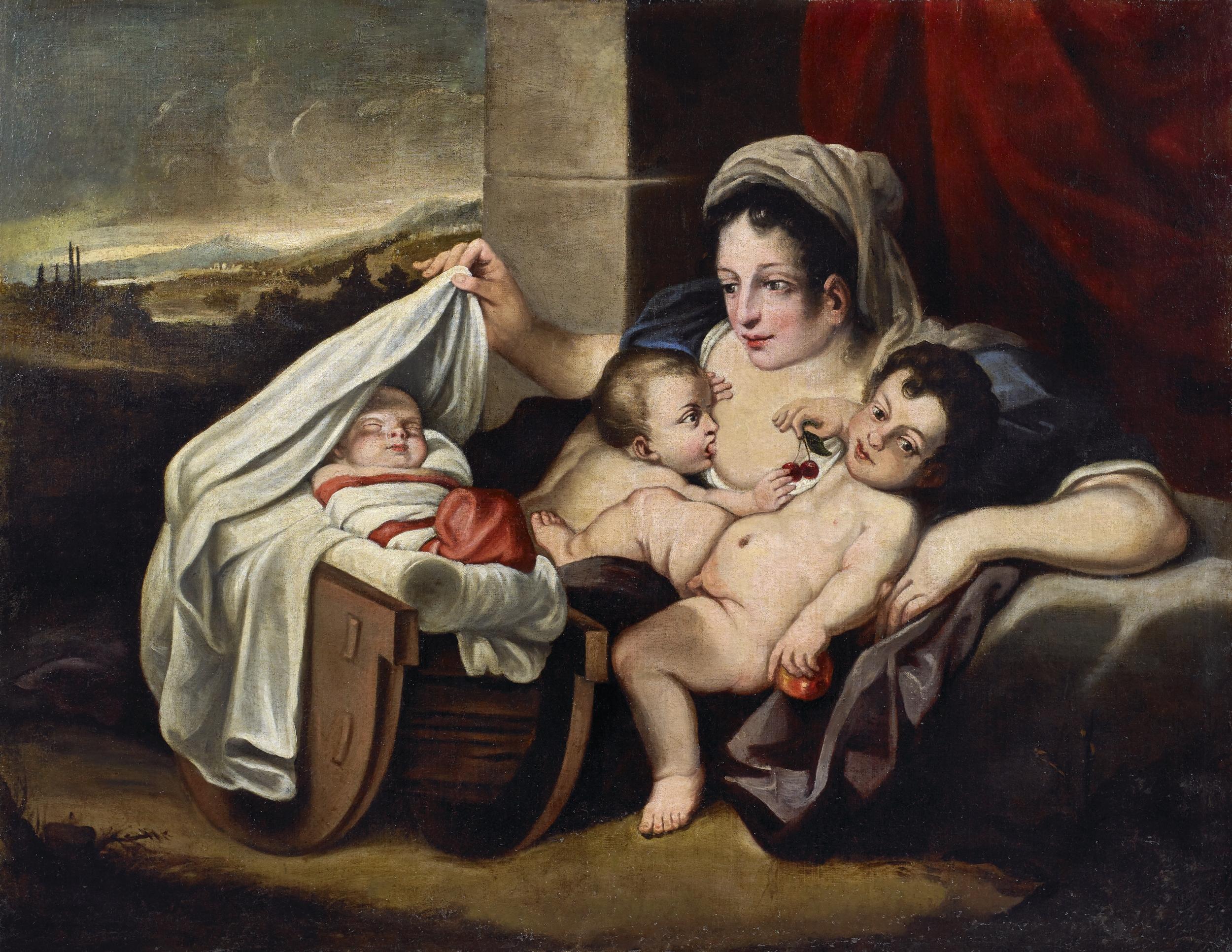 Gemälde, Öl auf Leinwand, mit den Abmessungen von 105 x 120 cm ohne Rahmen und 125 x 140 mit einem schönen geschnitzten Rahmen, der die "Allegorie der Nächstenliebe und Liebe mit einer Frau mit drei Kindern des 17  Carlo Cignani ( 1628 - Forlì 1719
