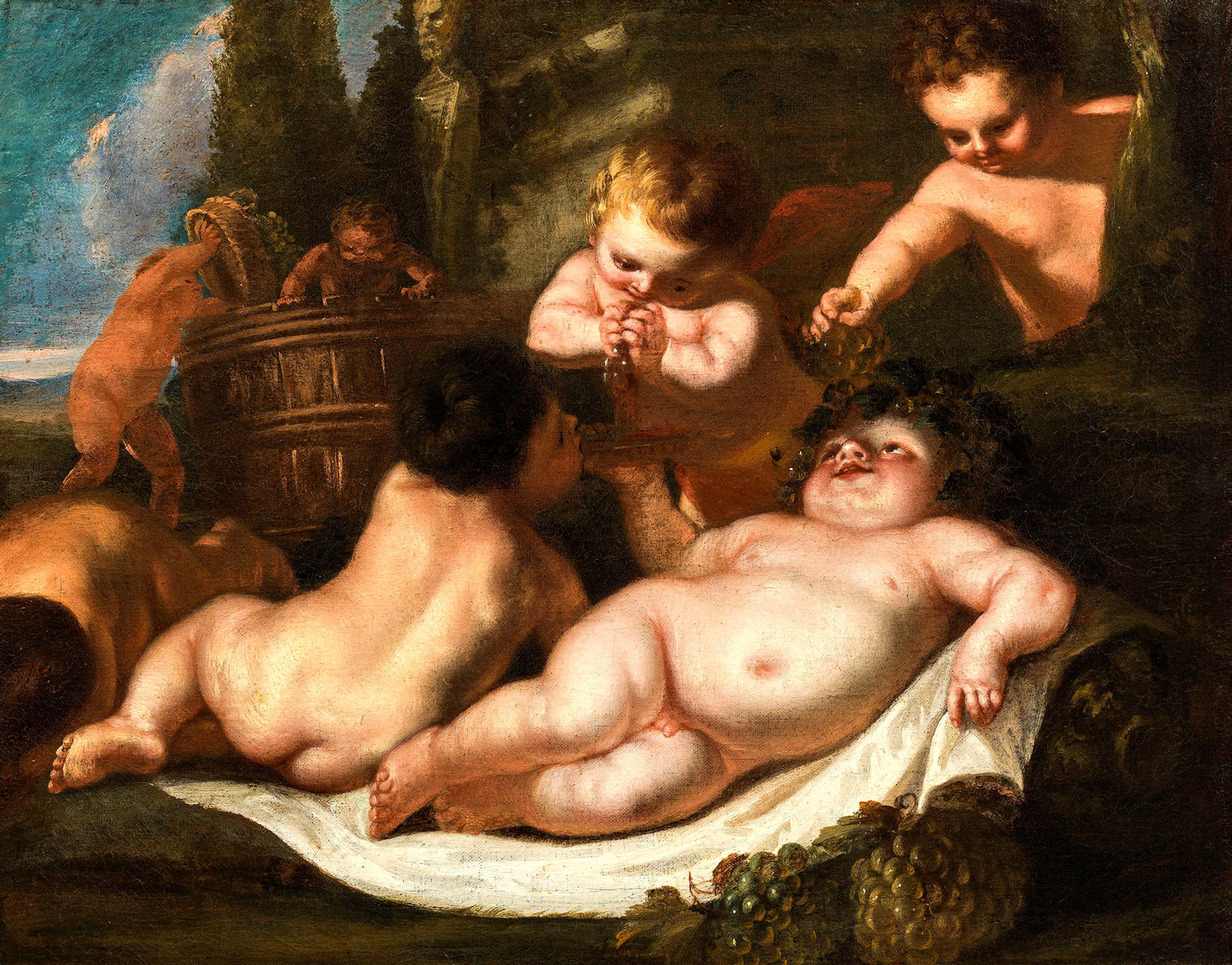 Bacchus Putti Oil on canvas Paint Art Old master Italy Quality 17th Century Roma - Painting by Carlo Cignani