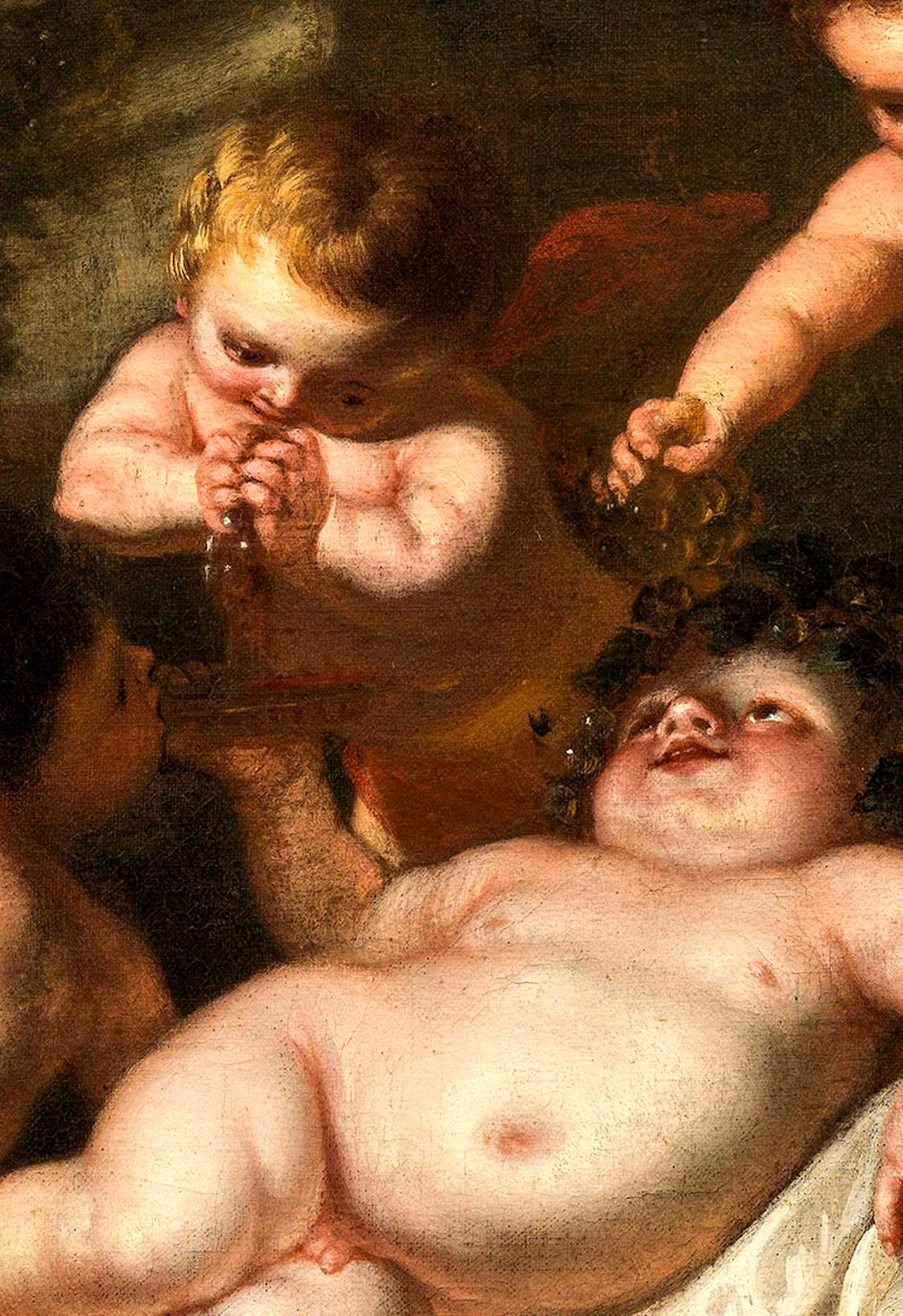 Bacchus Putti Oil on canvas Paint Art Old master Italy Quality 17th Century Roma - Black Nude Painting by Carlo Cignani