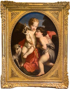 Großes Gemälde eines italienischen Altmeisters aus dem 17. Jahrhundert mit dem Christuskind und Johannes dem Täufer