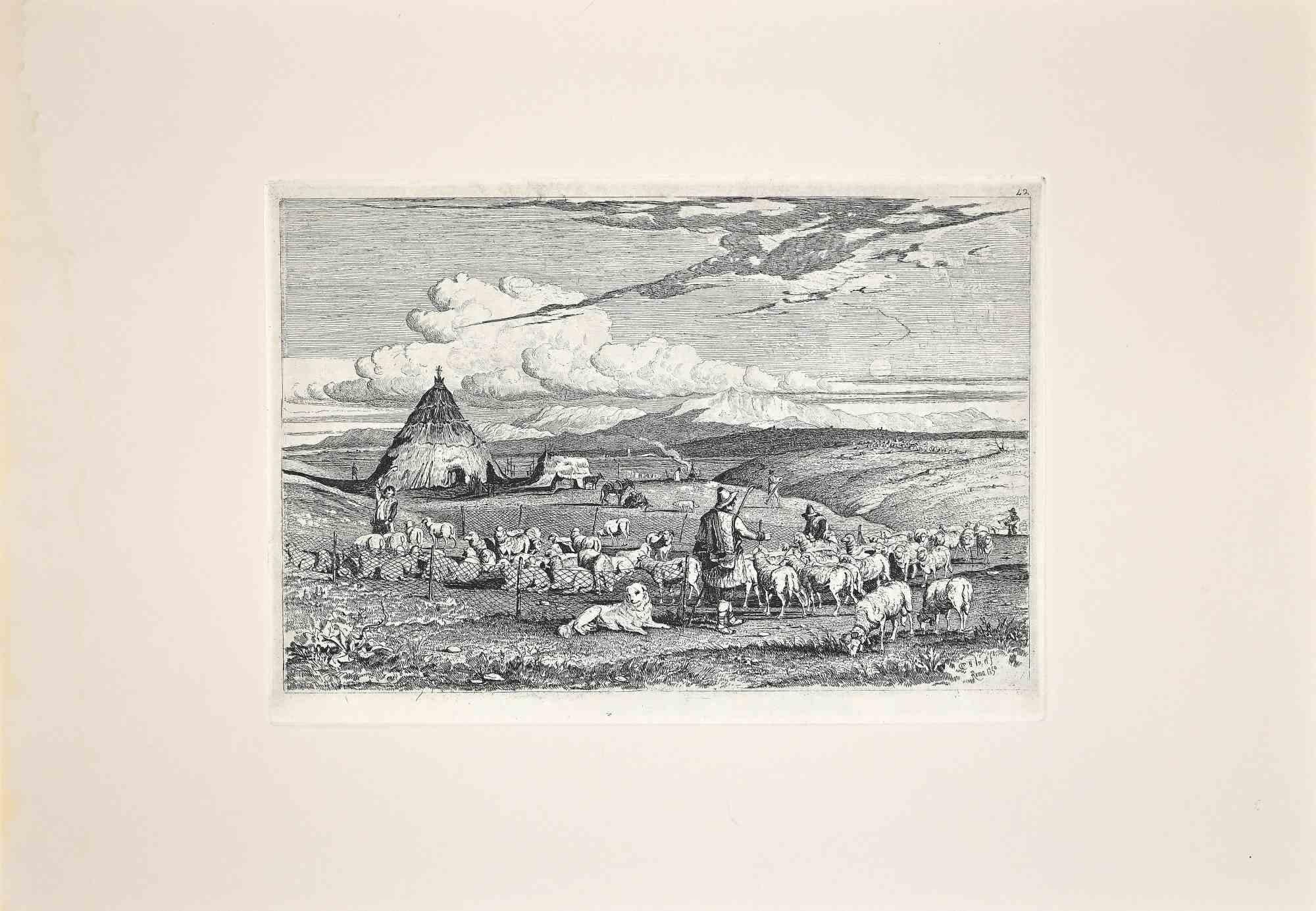 Carlo Coleman Figurative Print - The Landscape of Roman Countrysid- Etching After Charles Coleman - 1992