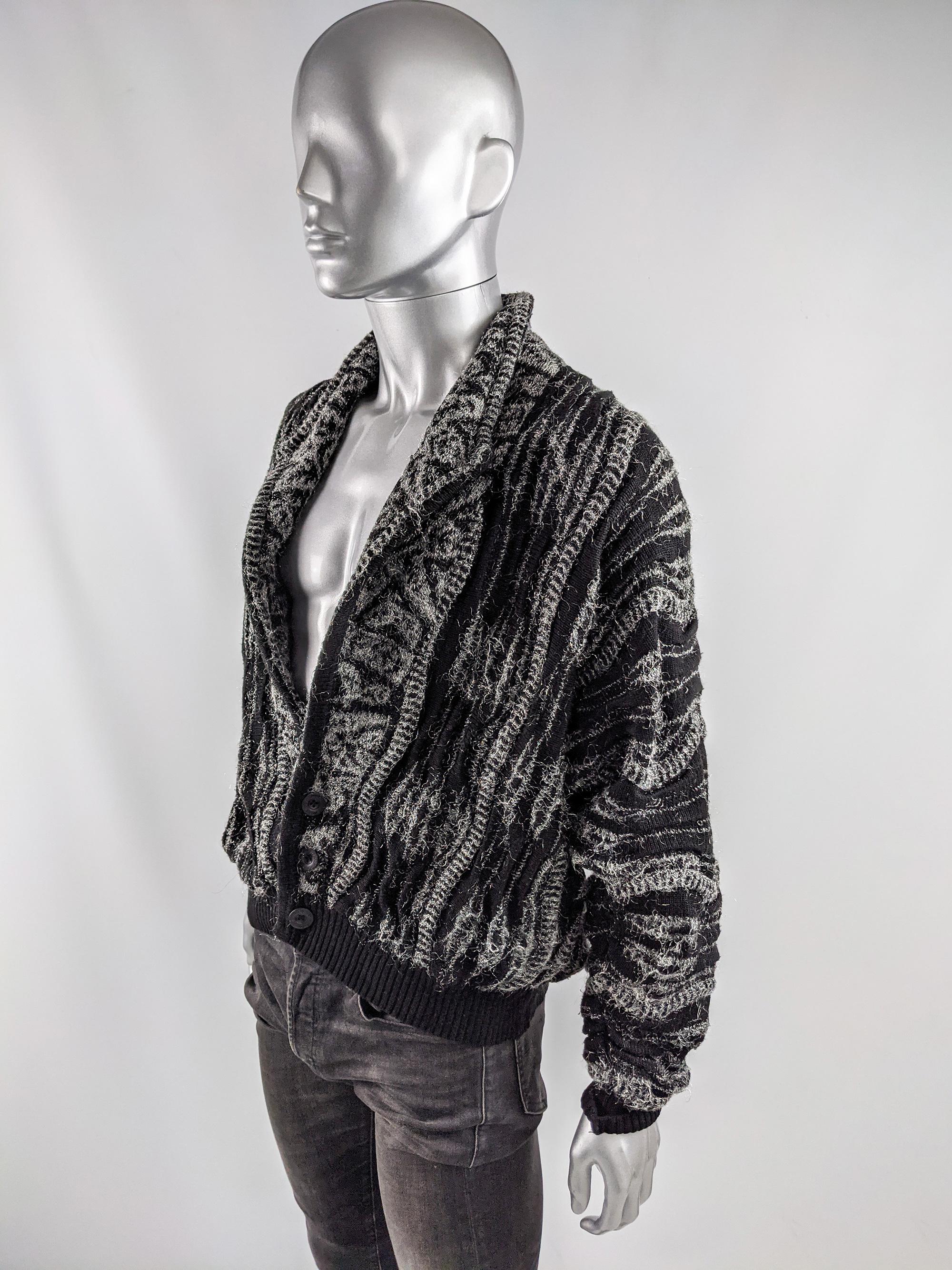 Carlo Colucci Mens Vintage Black & Silver Twisted Wool Knit Blouson Jacket 1980s In Excellent Condition In Doncaster, South Yorkshire