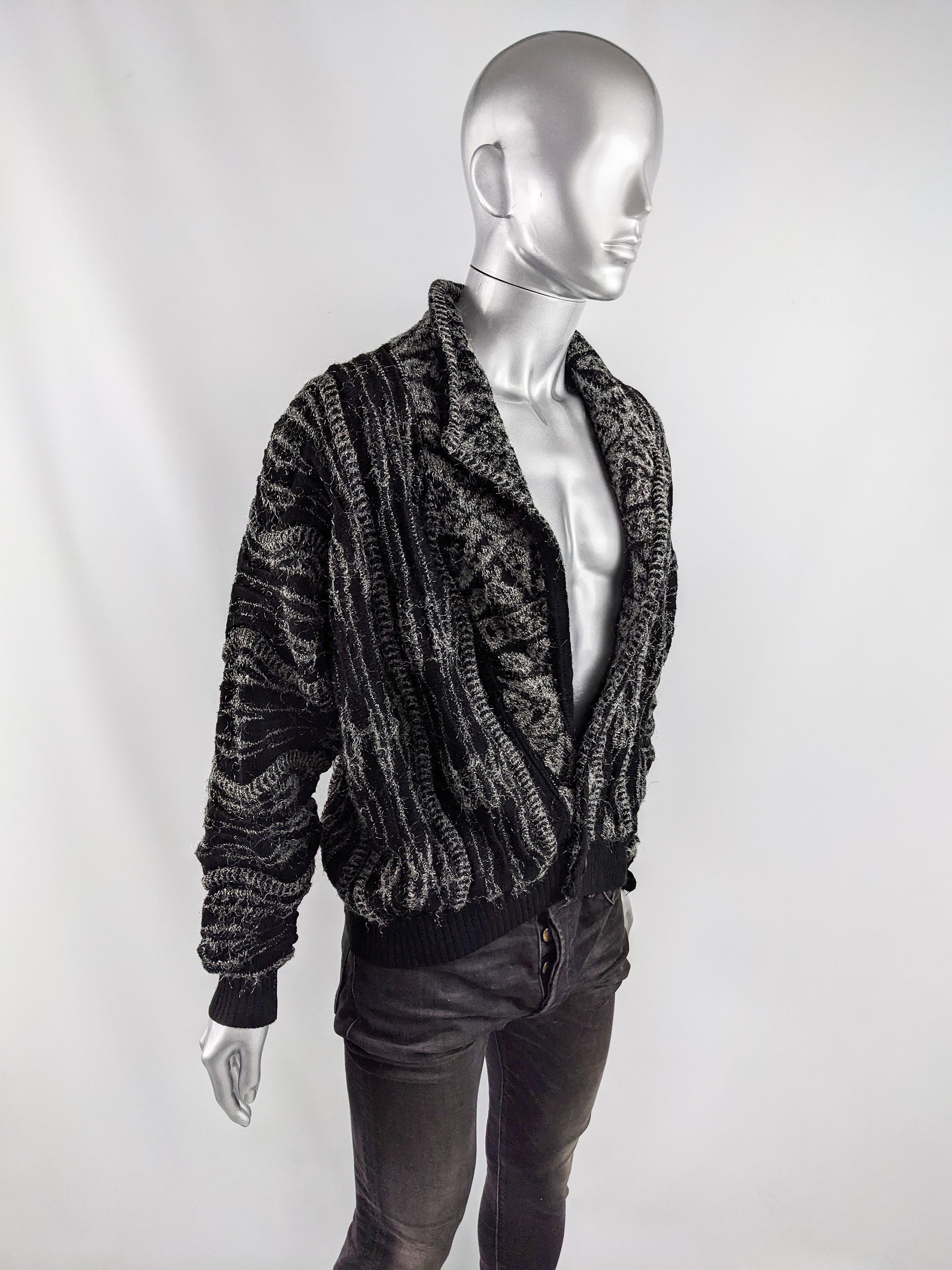 Carlo Colucci Mens Vintage Black & Silver Twisted Wool Knit Blouson Jacket 1980s 1
