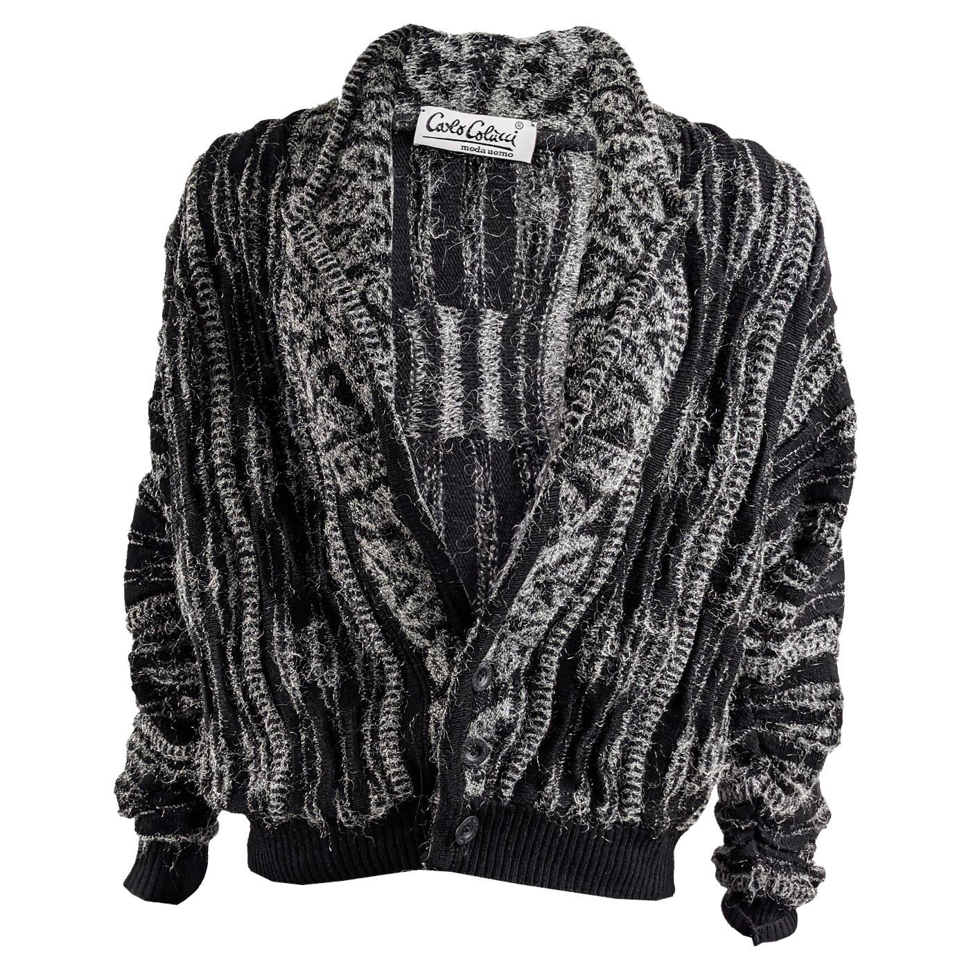 Carlo Colucci Mens Vintage Black & Silver Twisted Wool Knit Blouson Jacket 1980s
