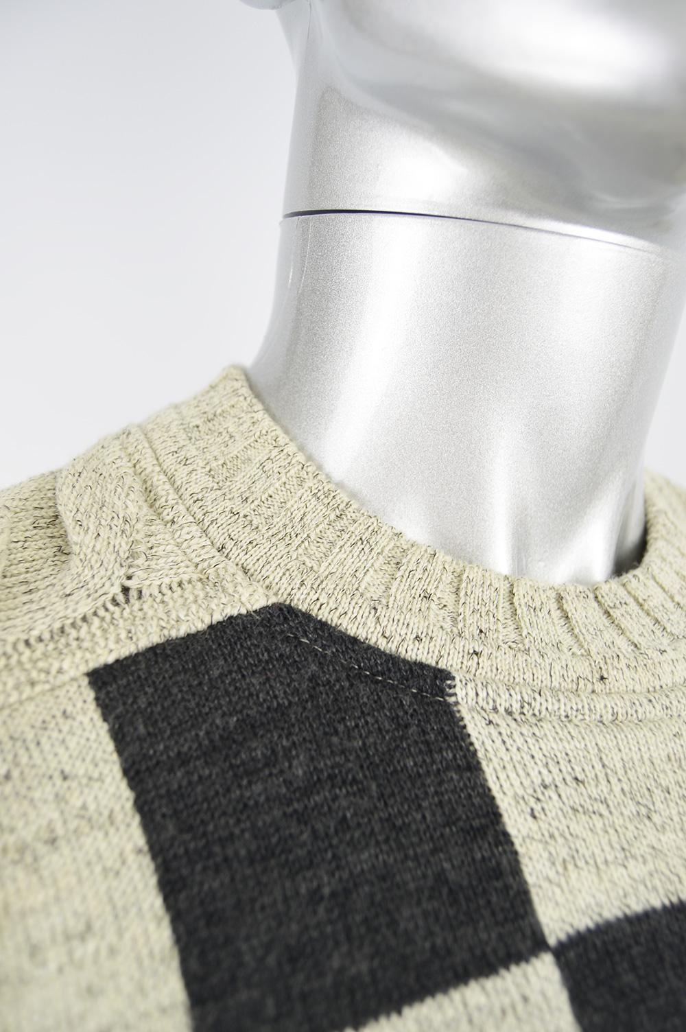 Beige Carlo Colucci Men's Vintage Cream Checkerboard Pattern Cable Knit Sweater