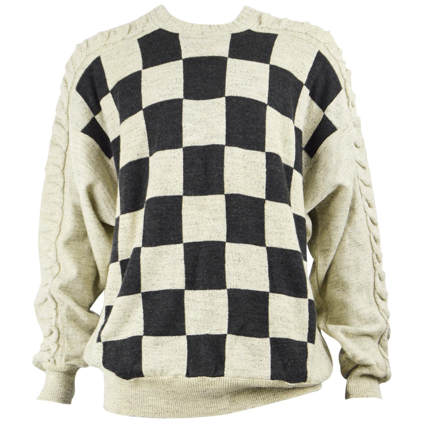 Carlo Colucci Men's Vintage Cream Checkerboard Pattern Cable Knit Sweater