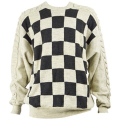 Carlo Colucci Men's Vintage Cream Checkerboard Pattern Cable Knit Sweater