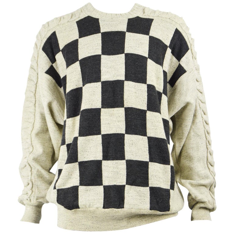 Carlo Colucci Men's Vintage Cream Checkerboard Pattern Cable Knit ...