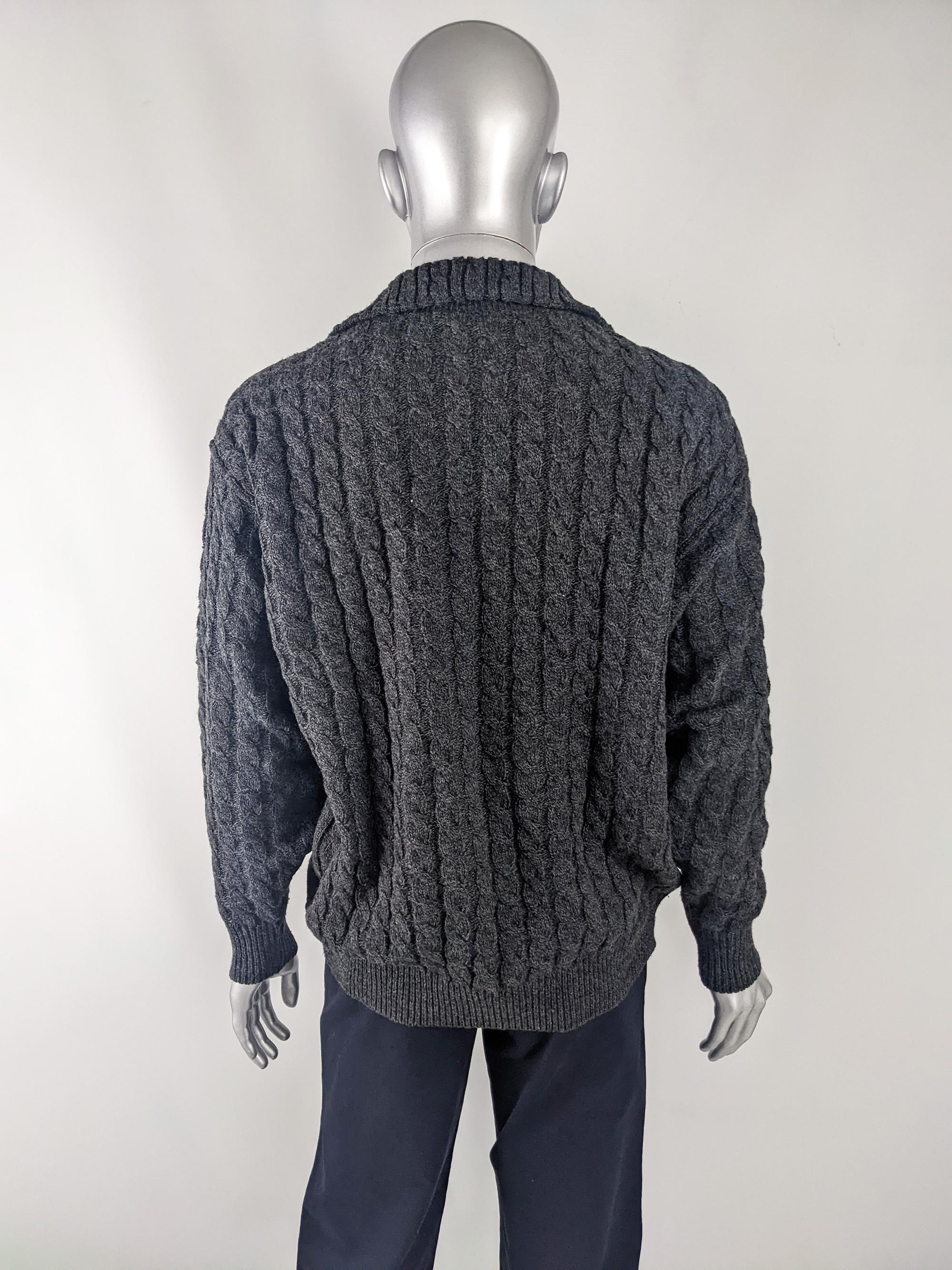 Men's Carlo Colucci Mens Vintage Grey Cable Knit Suede Patch Sweater, 1980s