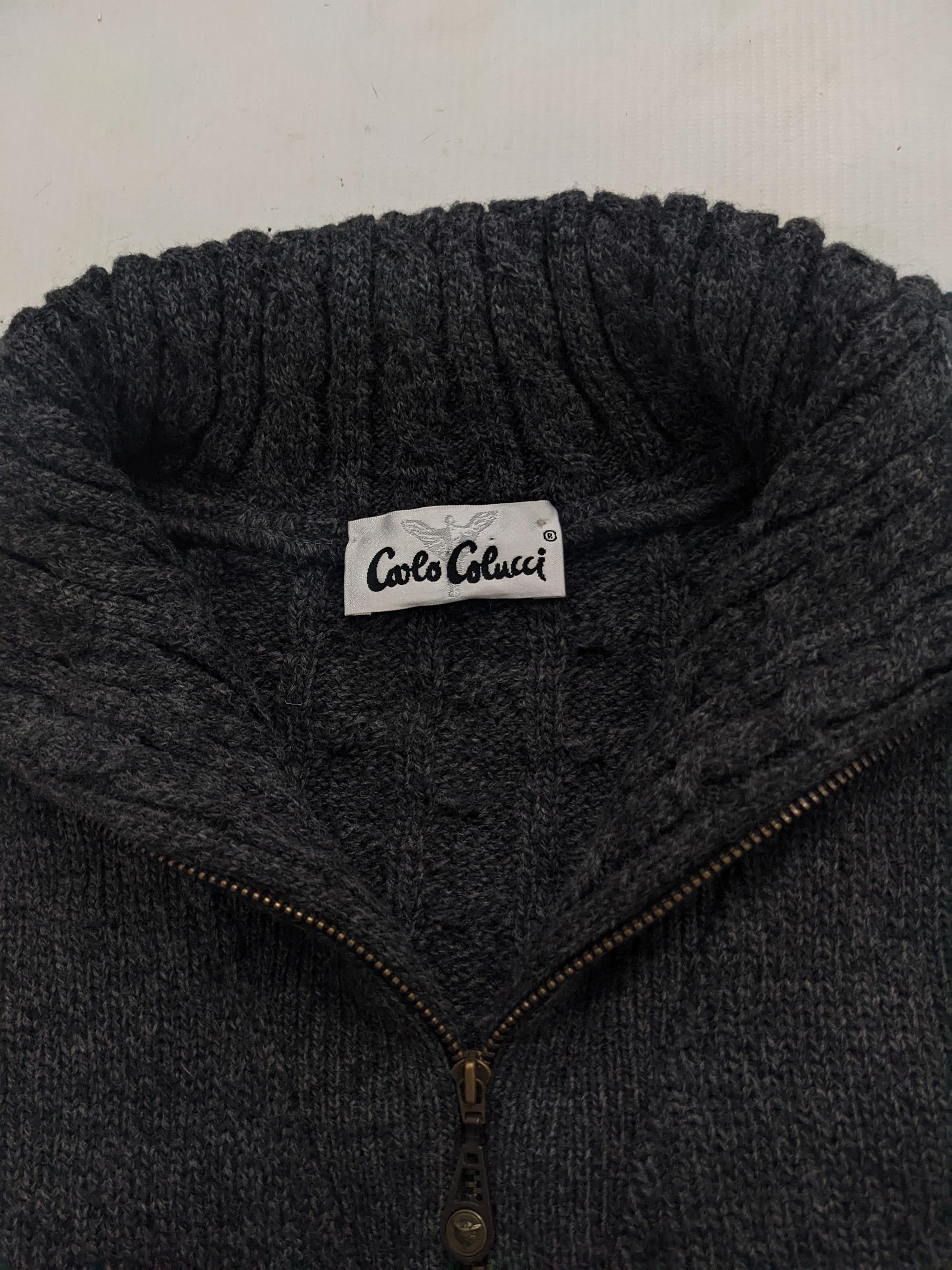 Carlo Colucci Mens Vintage Grey Cable Knit Suede Patch Sweater, 1980s 1