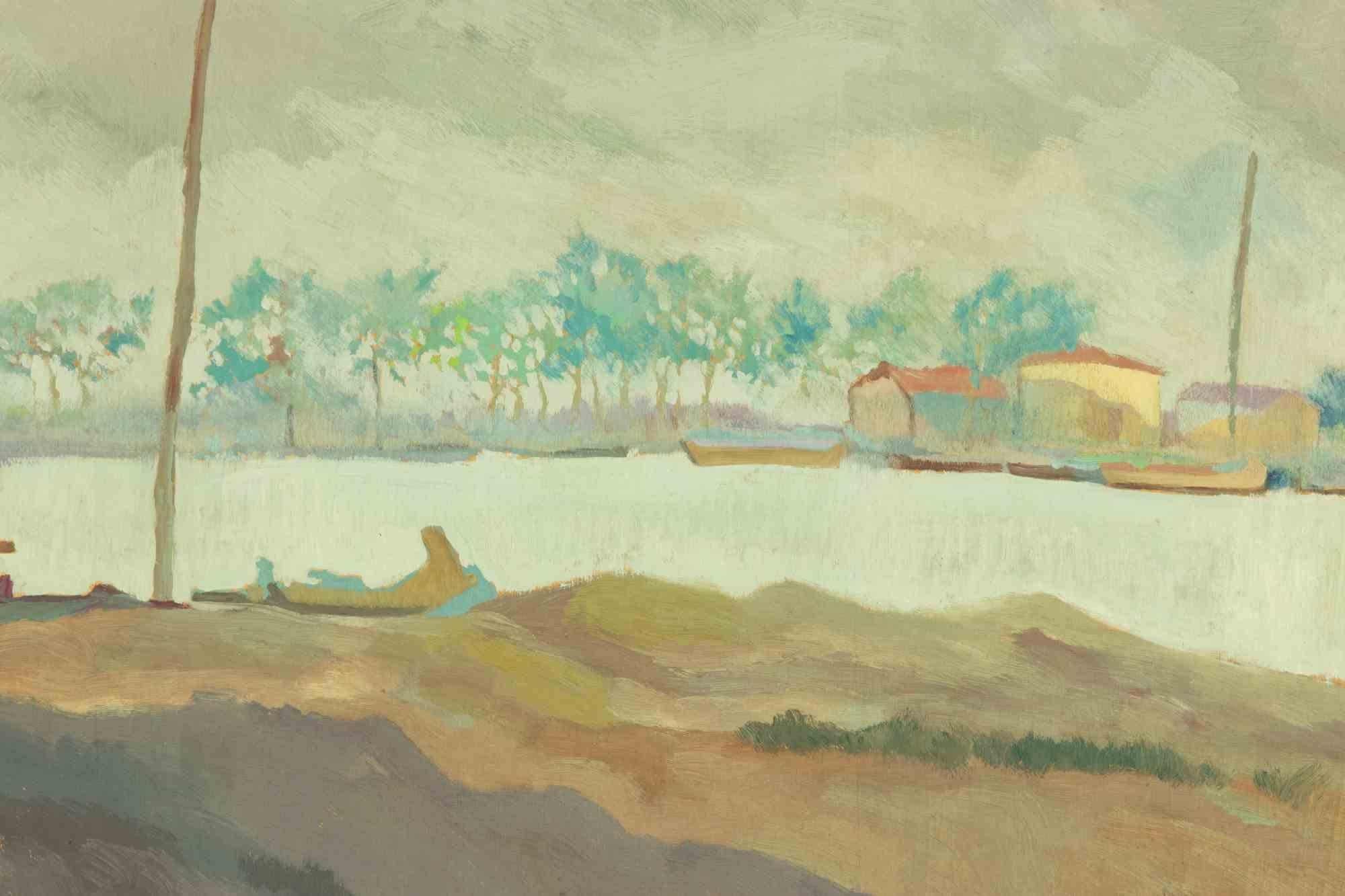 Carlo D'Aloisio da Vasto Landscape Painting - Grey of the River  - Painting by C. D'Aloisio Da Vasto - Mid-20th Century