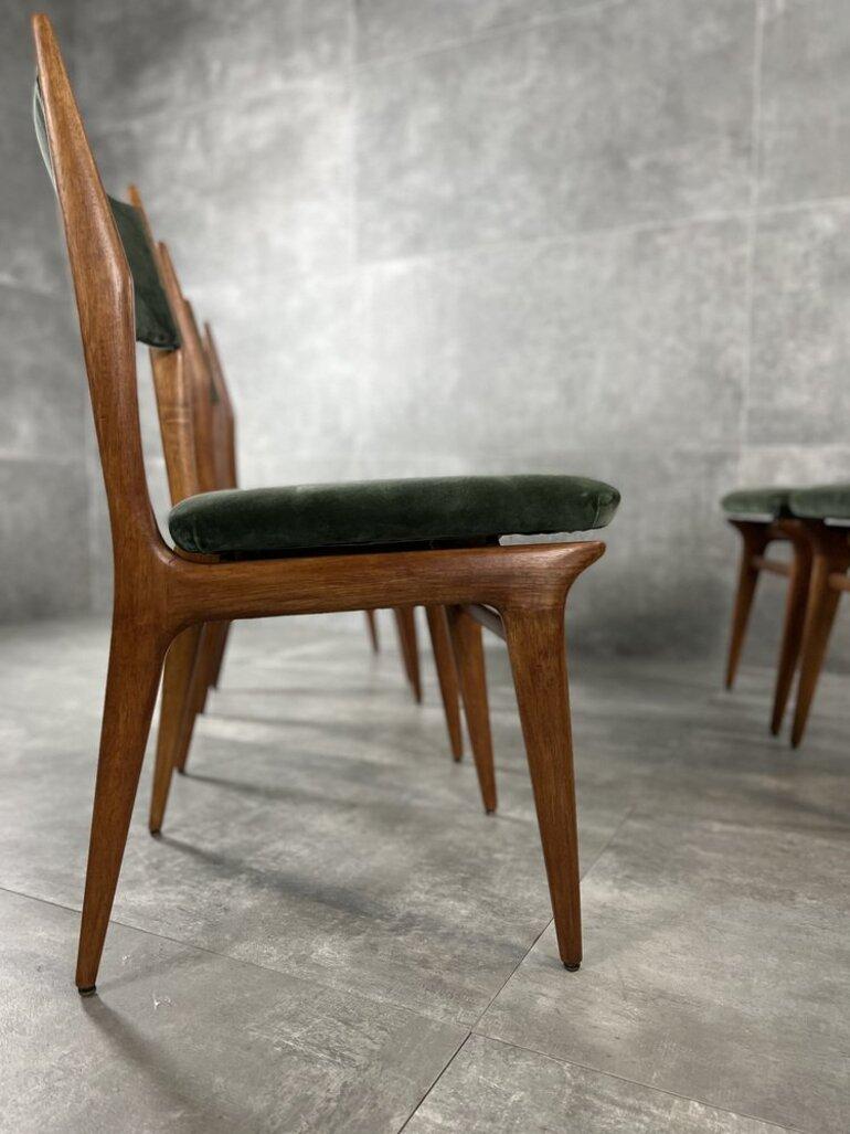 Carlo De Carli 1950s wooden chairs with green velvet newly upholstered seating.