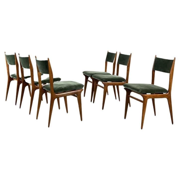 Carlo de Carli 1950s Wooden Dining Chairs with Green Velvet, Set of 6