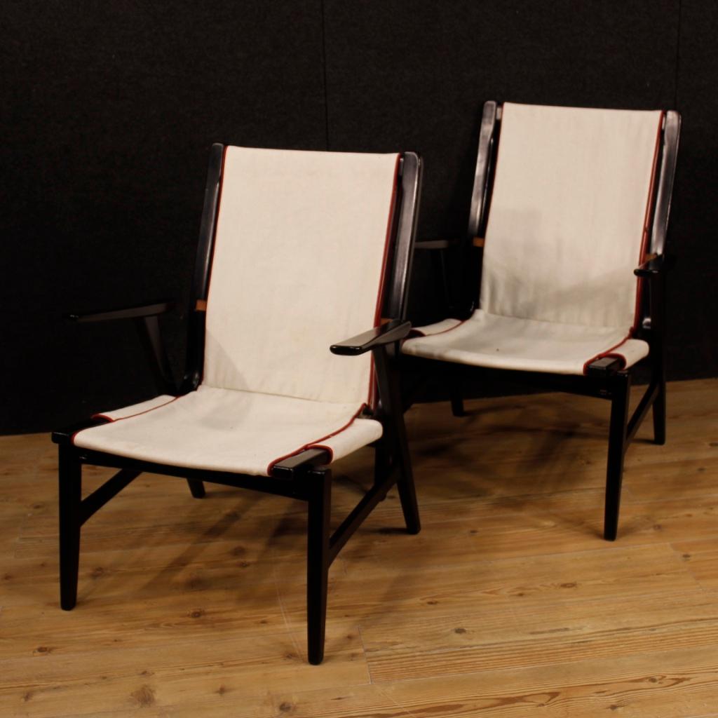 Carlo de Carli 20th Century Wood and White Fabric Italian Design Armchairs, 1960 2