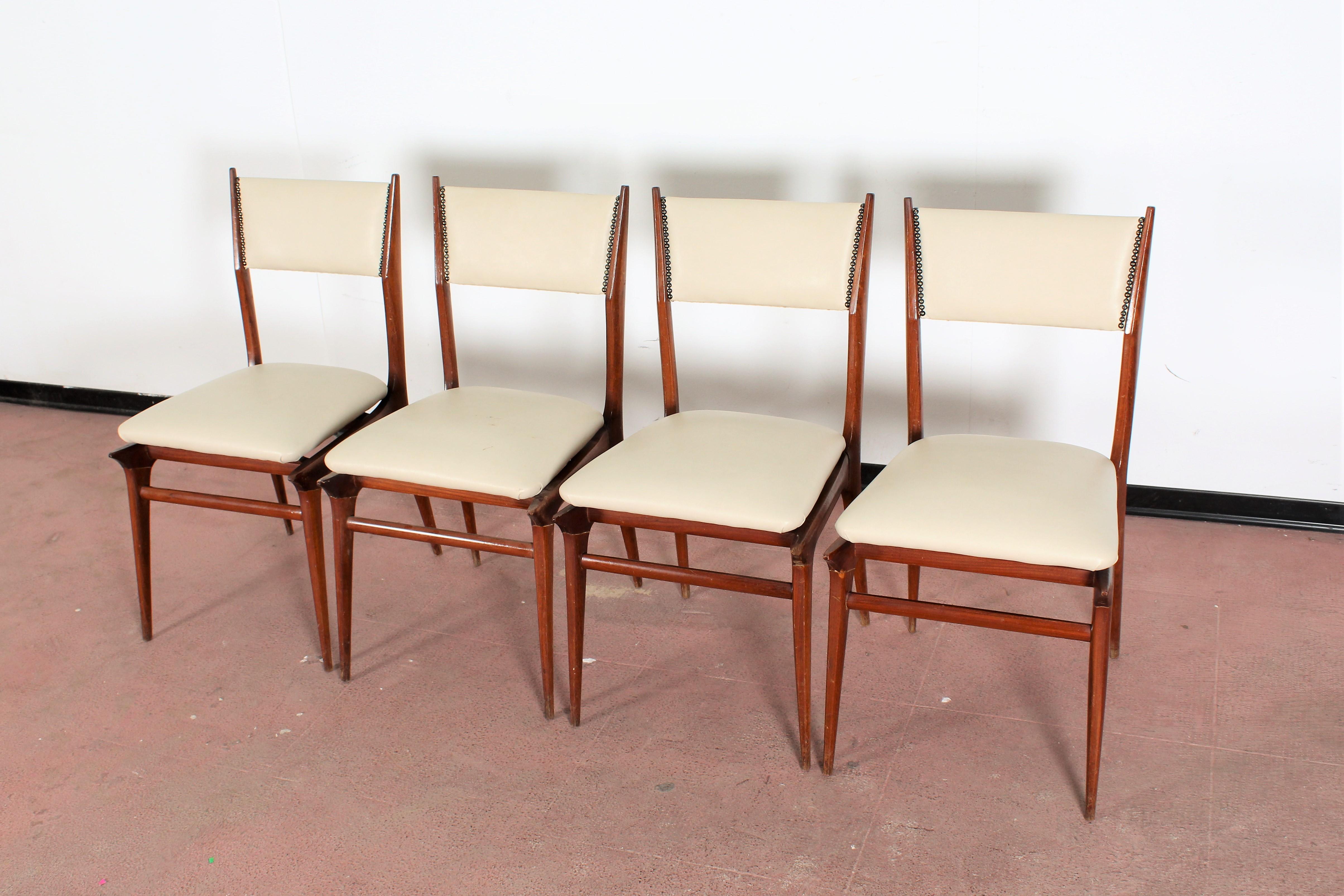 Mid-Century Modern Midcentury Wood and Leatherette Chairs Carlo de Carli Italy 1950s Set of 4