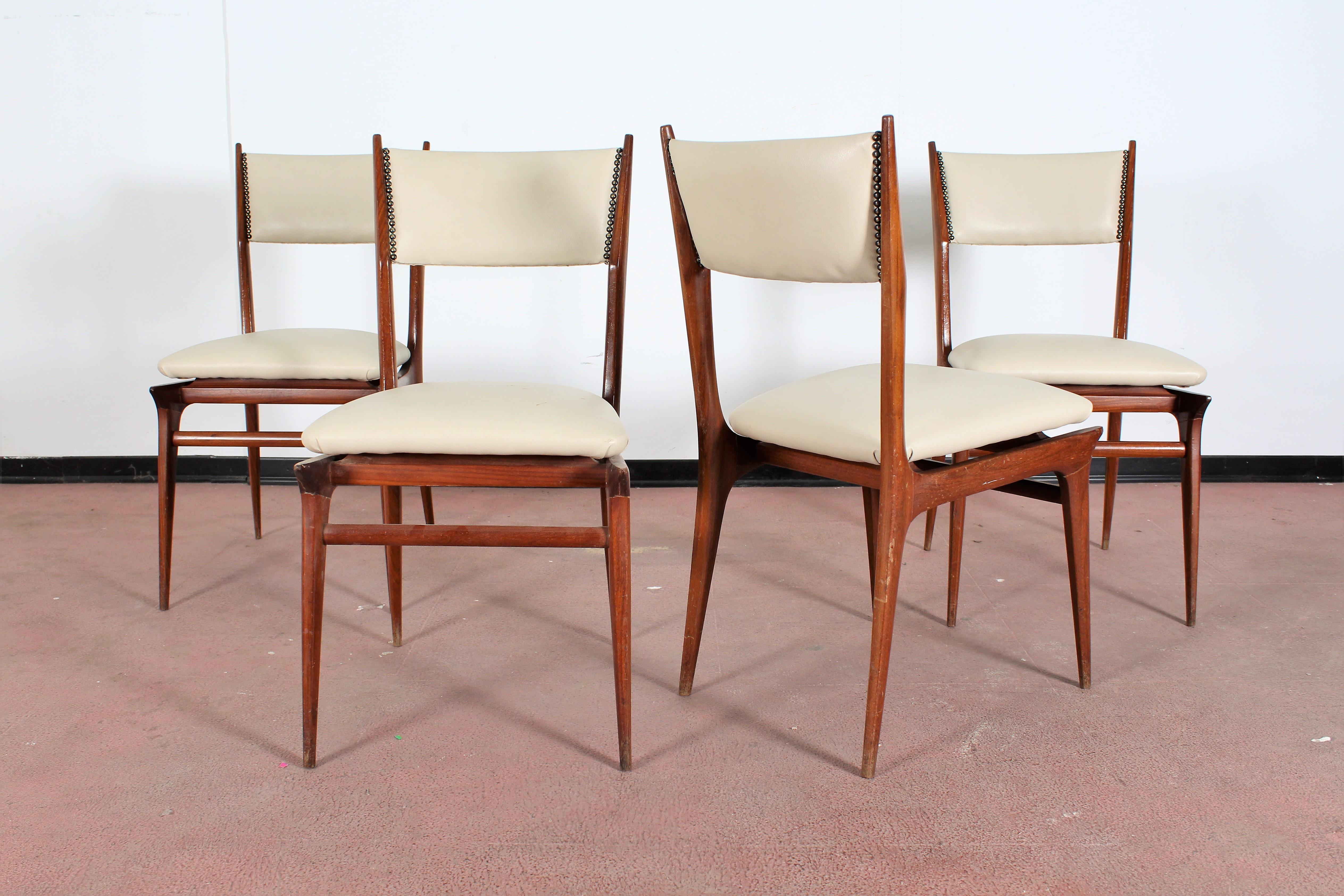 Mid-20th Century Midcentury Wood and Leatherette Chairs Carlo de Carli Italy 1950s Set of 4