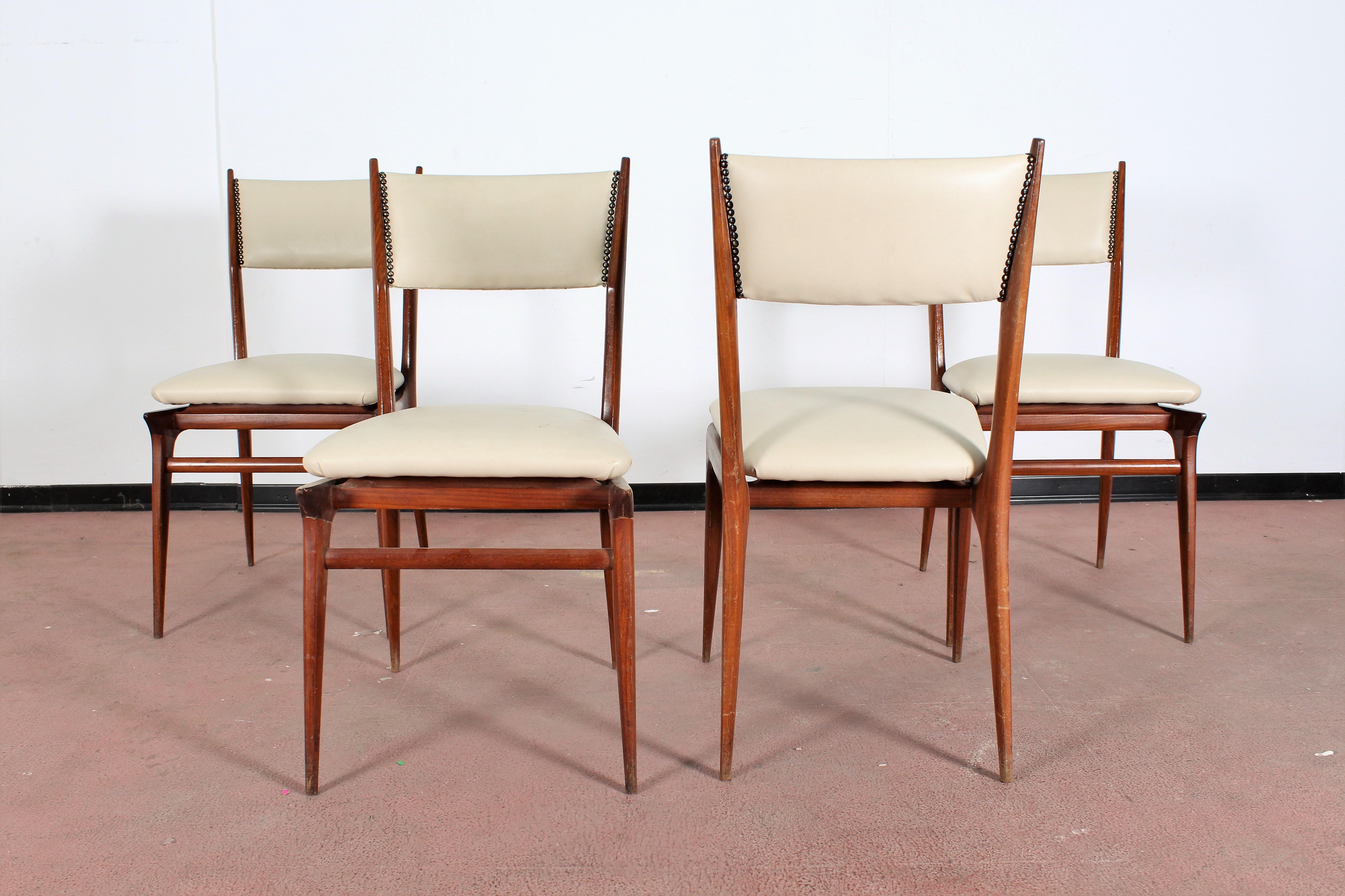 Midcentury Wood and Leatherette Chairs Carlo de Carli Italy 1950s Set of 4 1