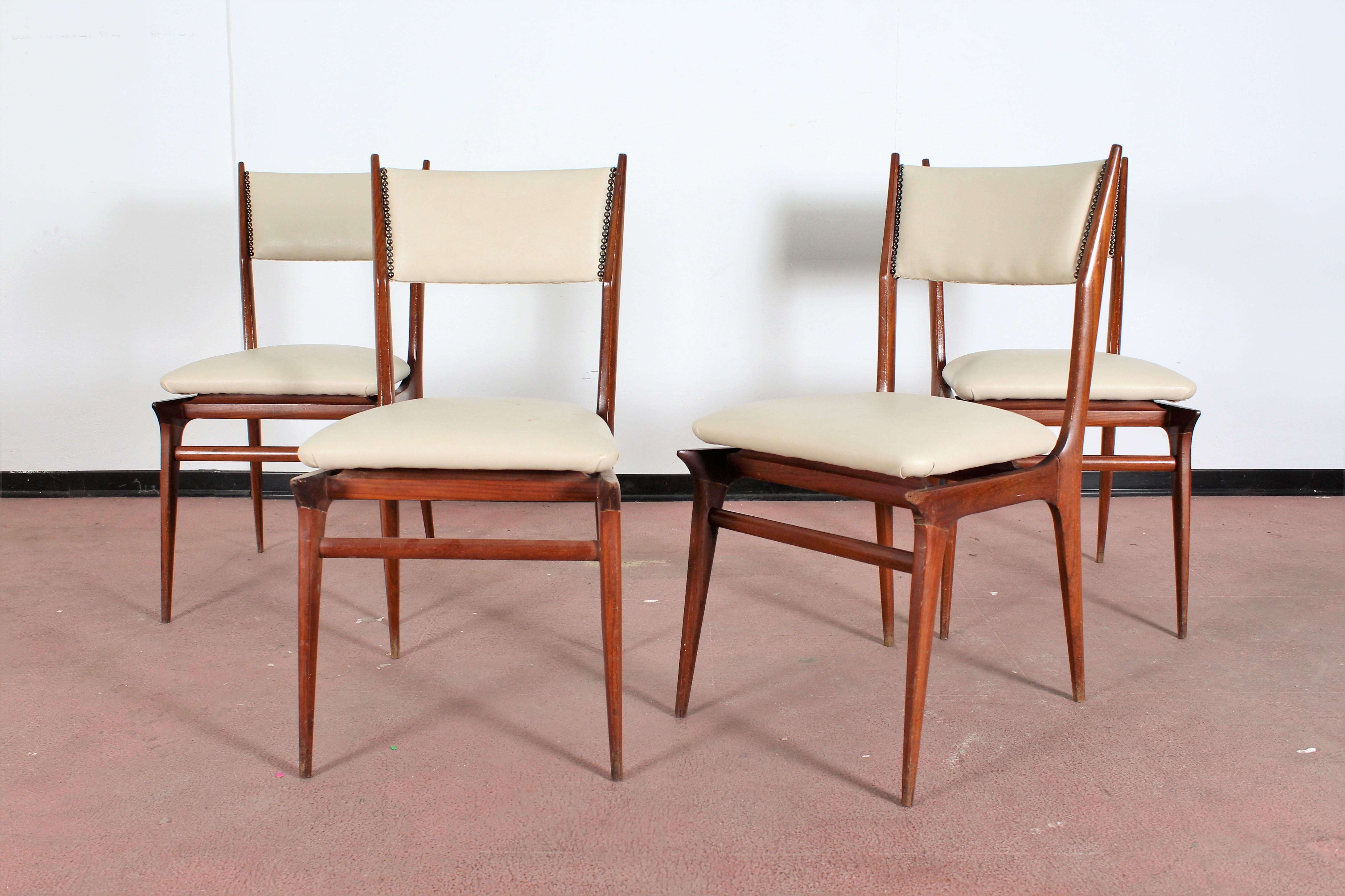 Midcentury Wood and Leatherette Chairs Carlo de Carli Italy 1950s Set of 4 2