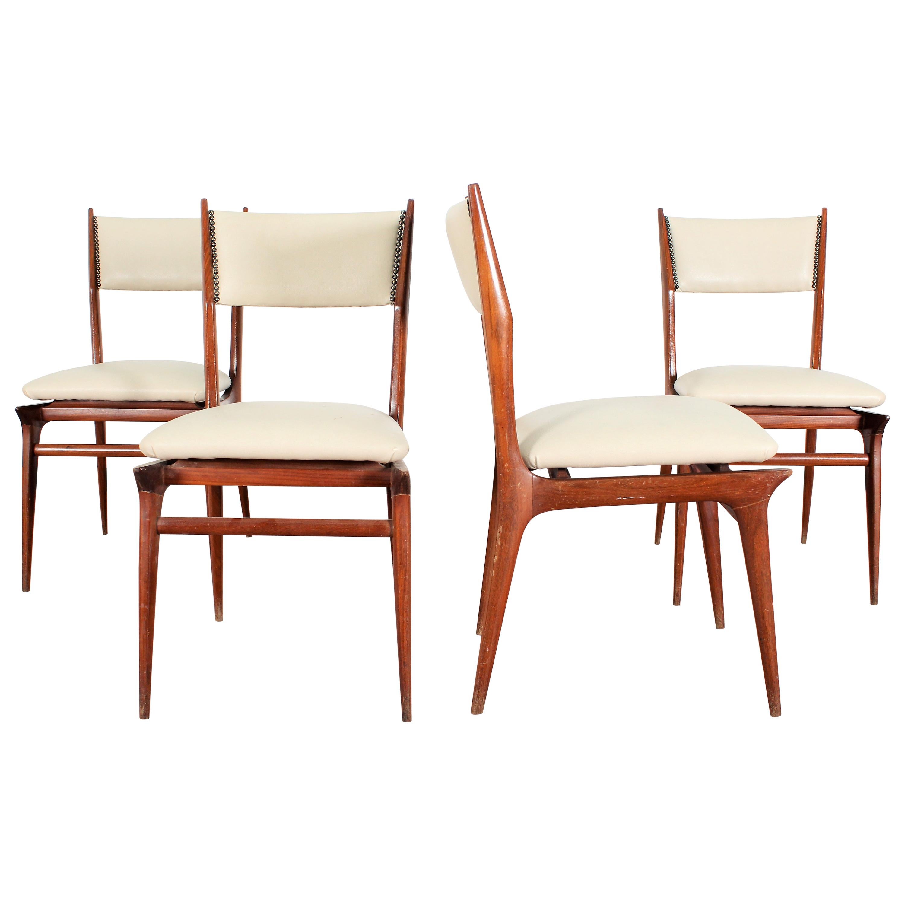 Midcentury Wood and Leatherette Chairs Carlo de Carli Italy 1950s Set of 4