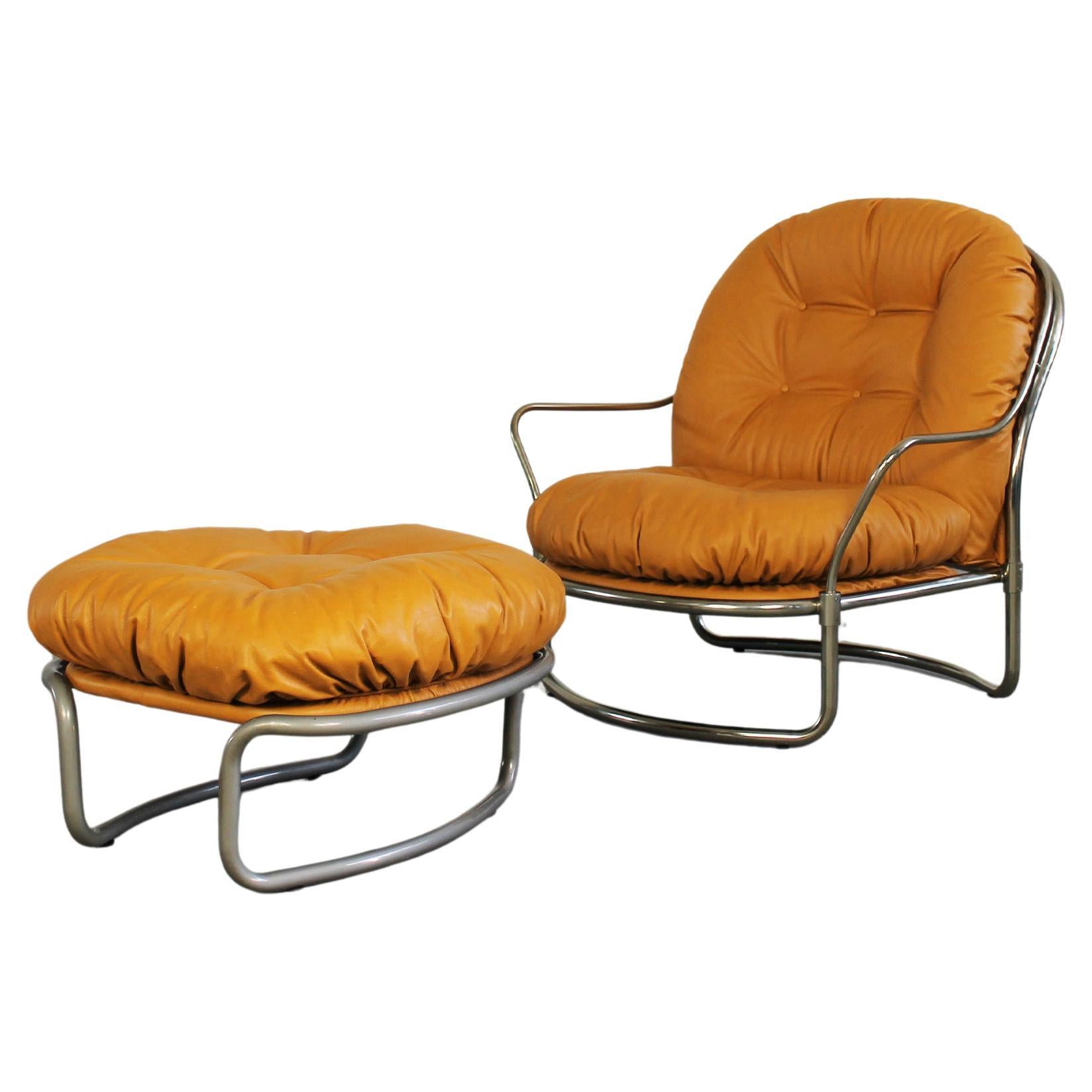 Carlo de Carli 915 Armchair with Footrest in Metal and Leather by Cinova 1970s