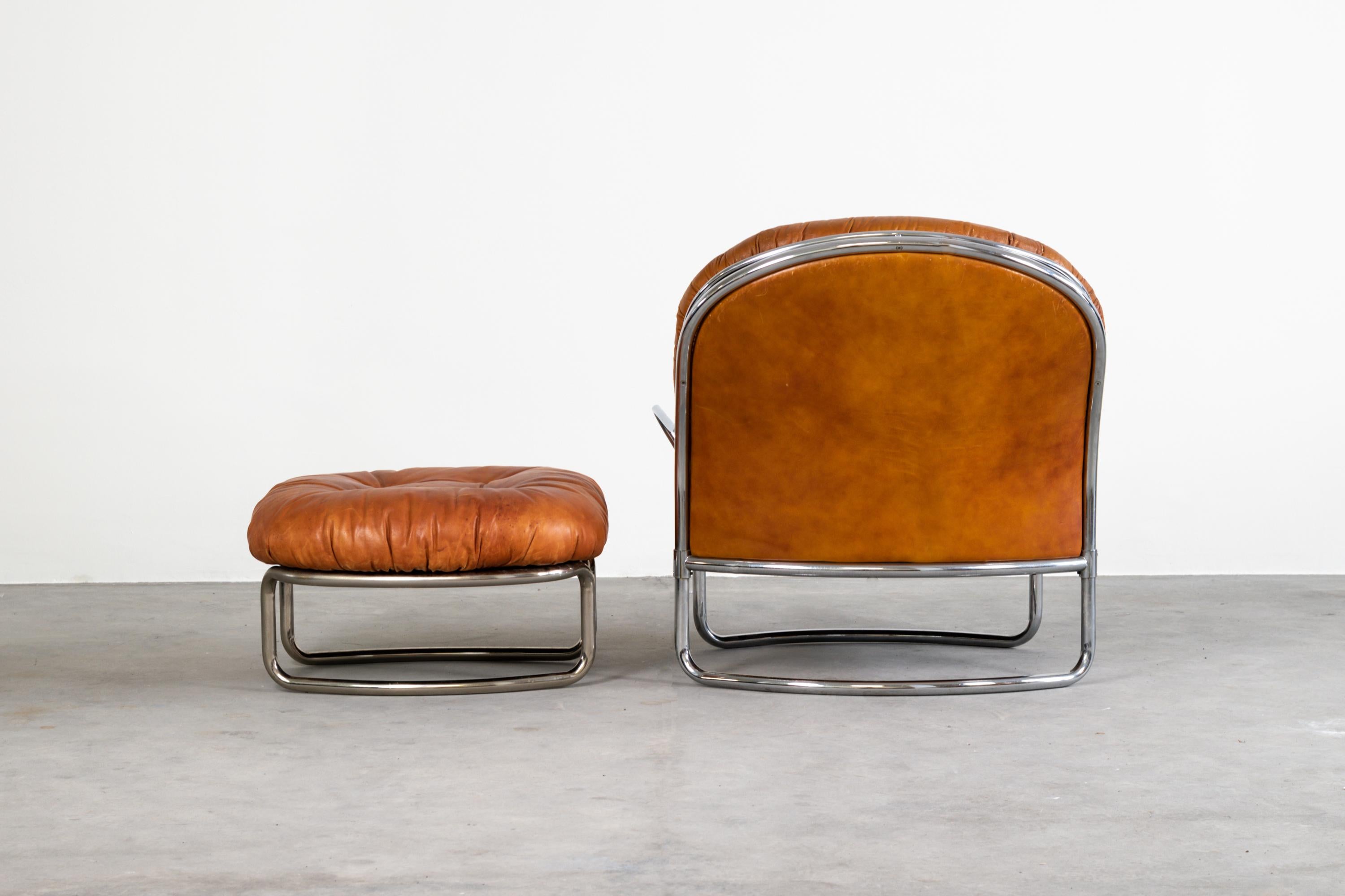Plated Carlo de Carli Armchair and Footrest 915 in Cognac Leather for Cinova, 1969