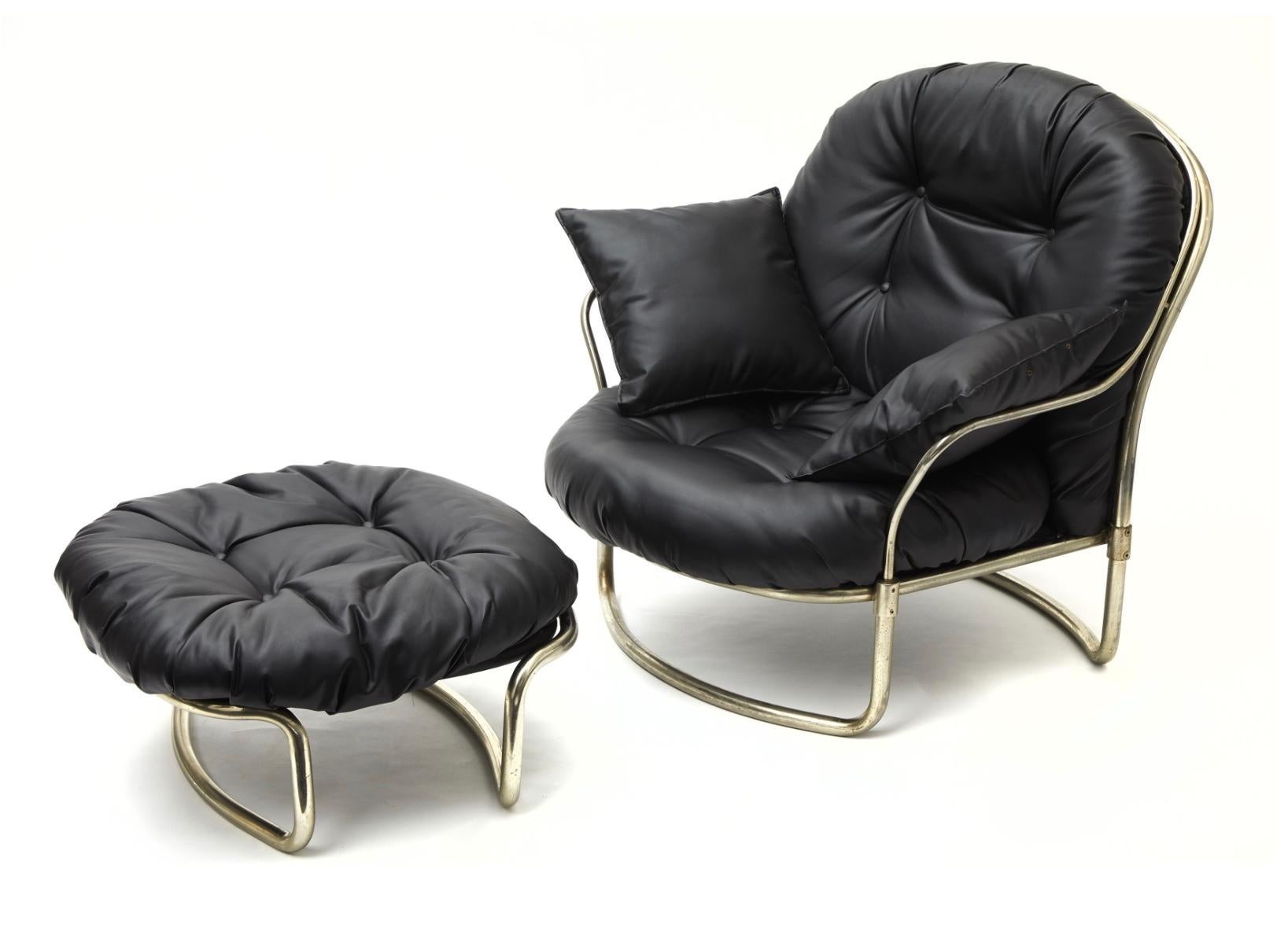 Carlo de Carli armchair with puff chromed brass leather, 1968, Italy.