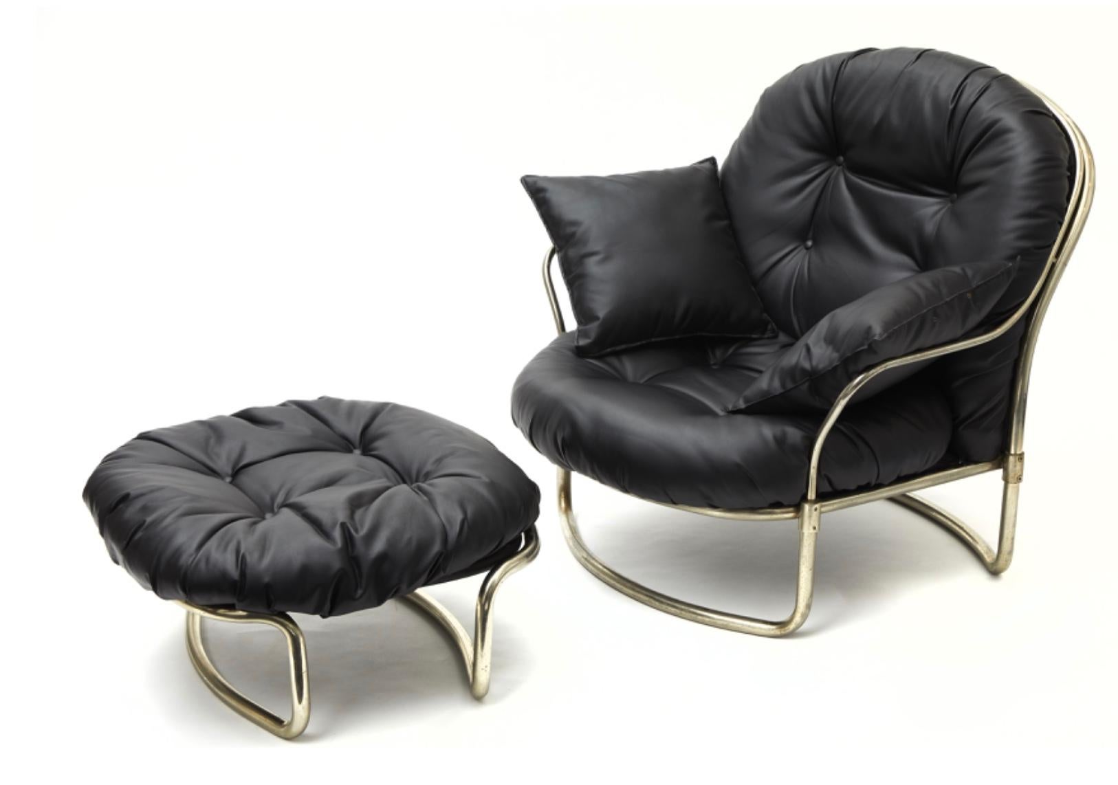 Carlo de Carli Armchair with Puff Chromed Brass Leather, 1968, Italy For Sale 3