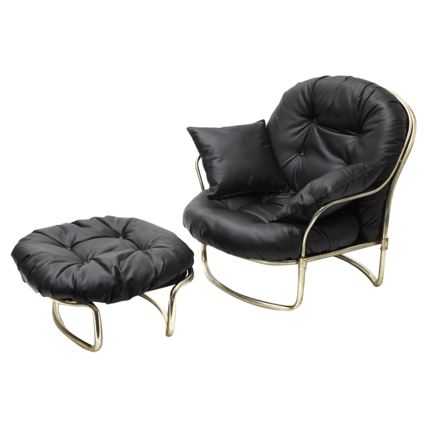 Carlo de Carli Armchair with Puff Chromed Brass Leather, 1968, Italy