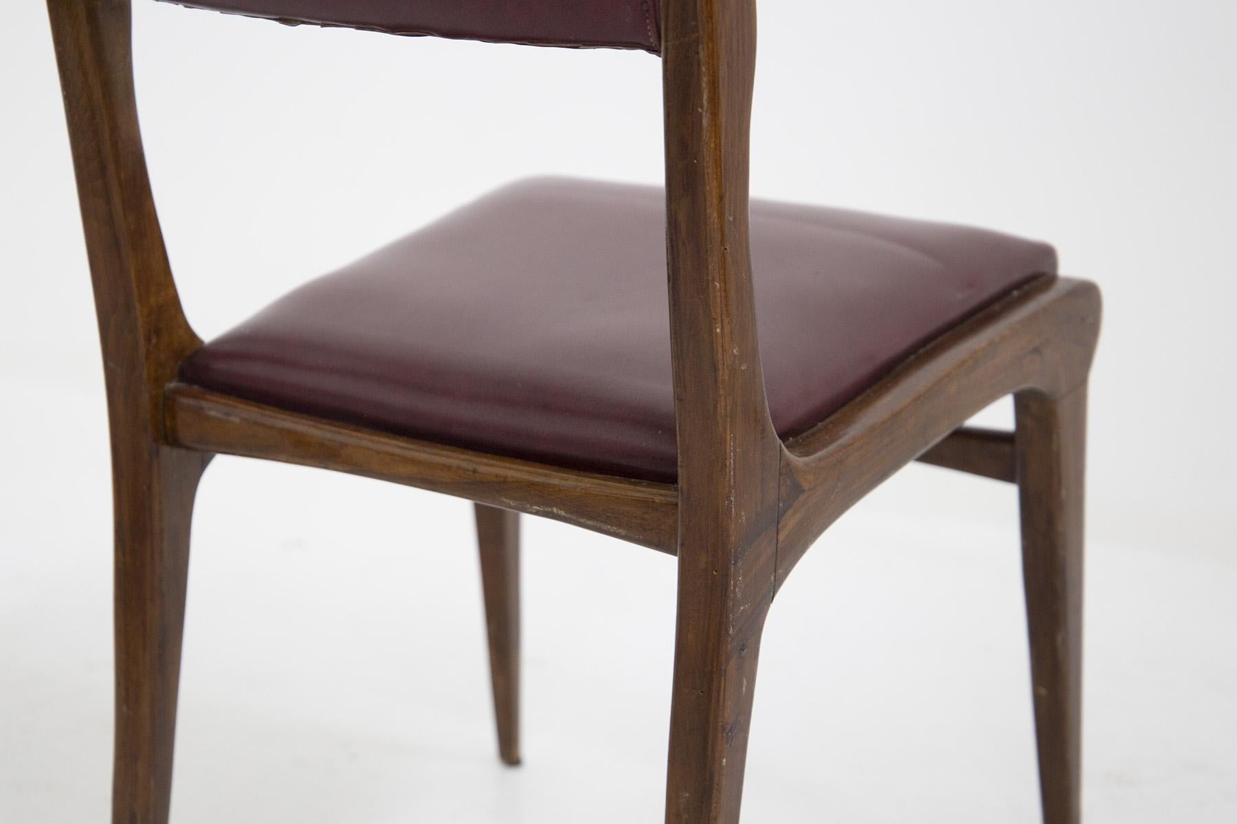 Carlo de Carli Chairs in Wood and Red Leather, Set of 6 In Good Condition In Milano, IT
