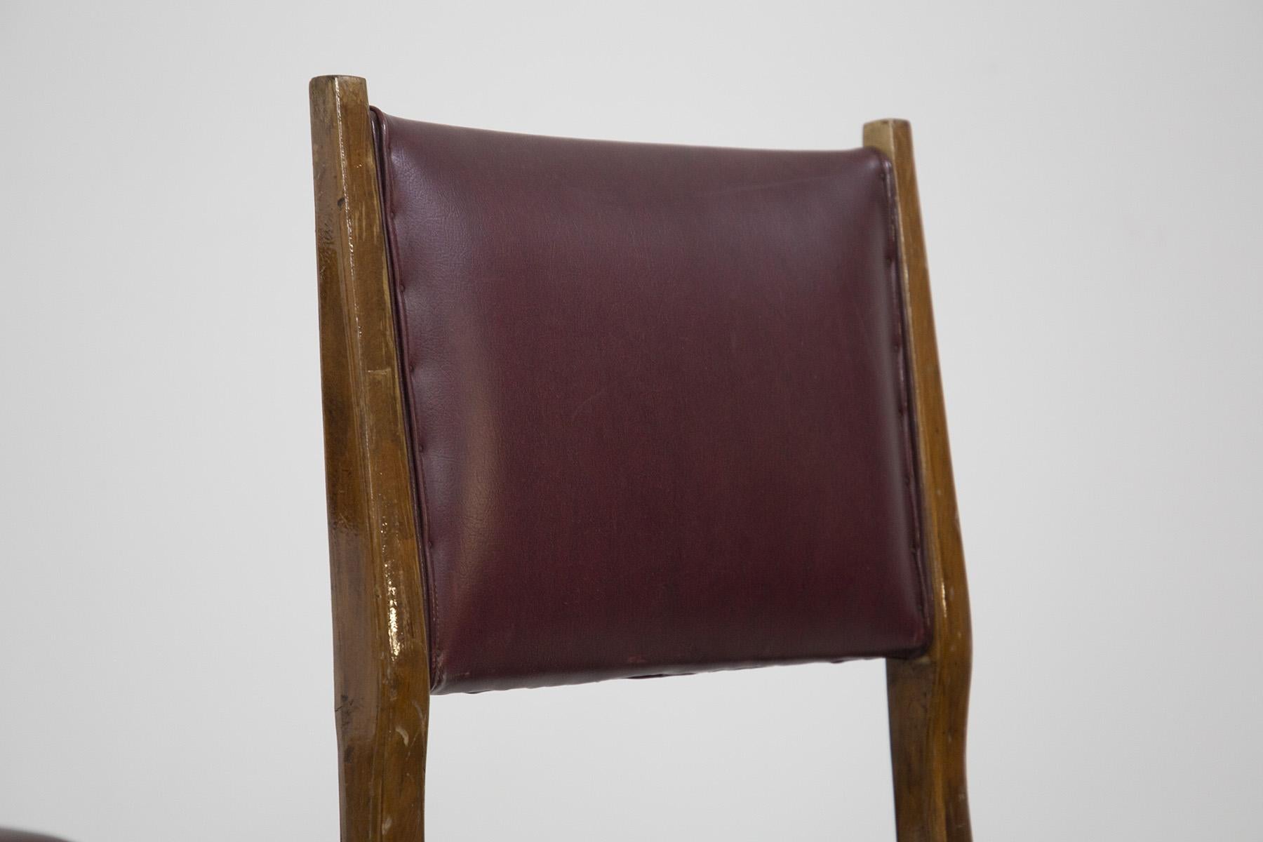 Mid-20th Century Carlo de Carli Chairs in Wood and Red Leather, Set of 6