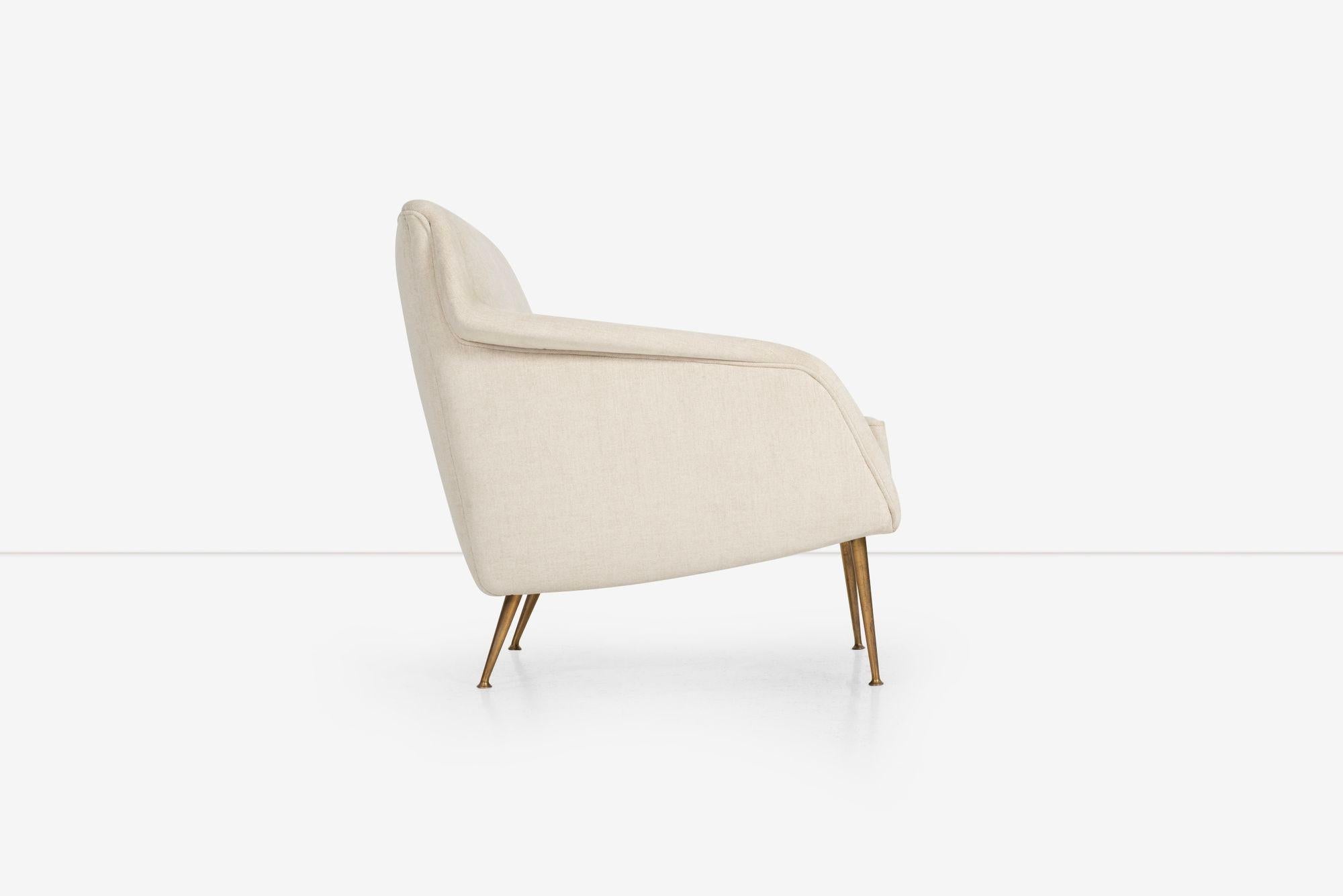 Carlo de Carli for Cassina Arm-Lounge Chair, model 802
Reupholstered in Great Plains Cotton-Poly woven fabric and solid brass legs
Made in Italy 1955c.
dimensions:

29¾ high
31½ wide
31 deep
Seat height 17