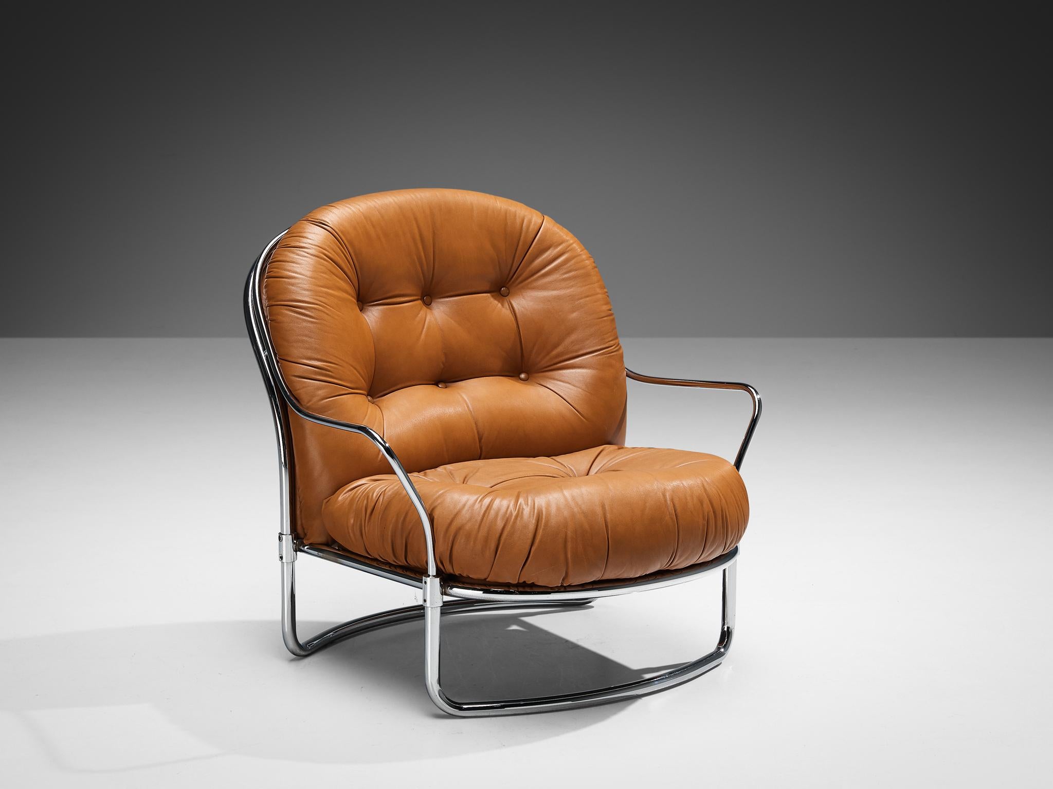 Carlo De Carli for Cinova, pair of '915' lounge chair, chrome-plated steel, cognac leather, Italy, design 1969

Beautiful armchair designed by Italian designer Carlo De Carli for manufacturer Cinova in 1969. This piece displays a body of