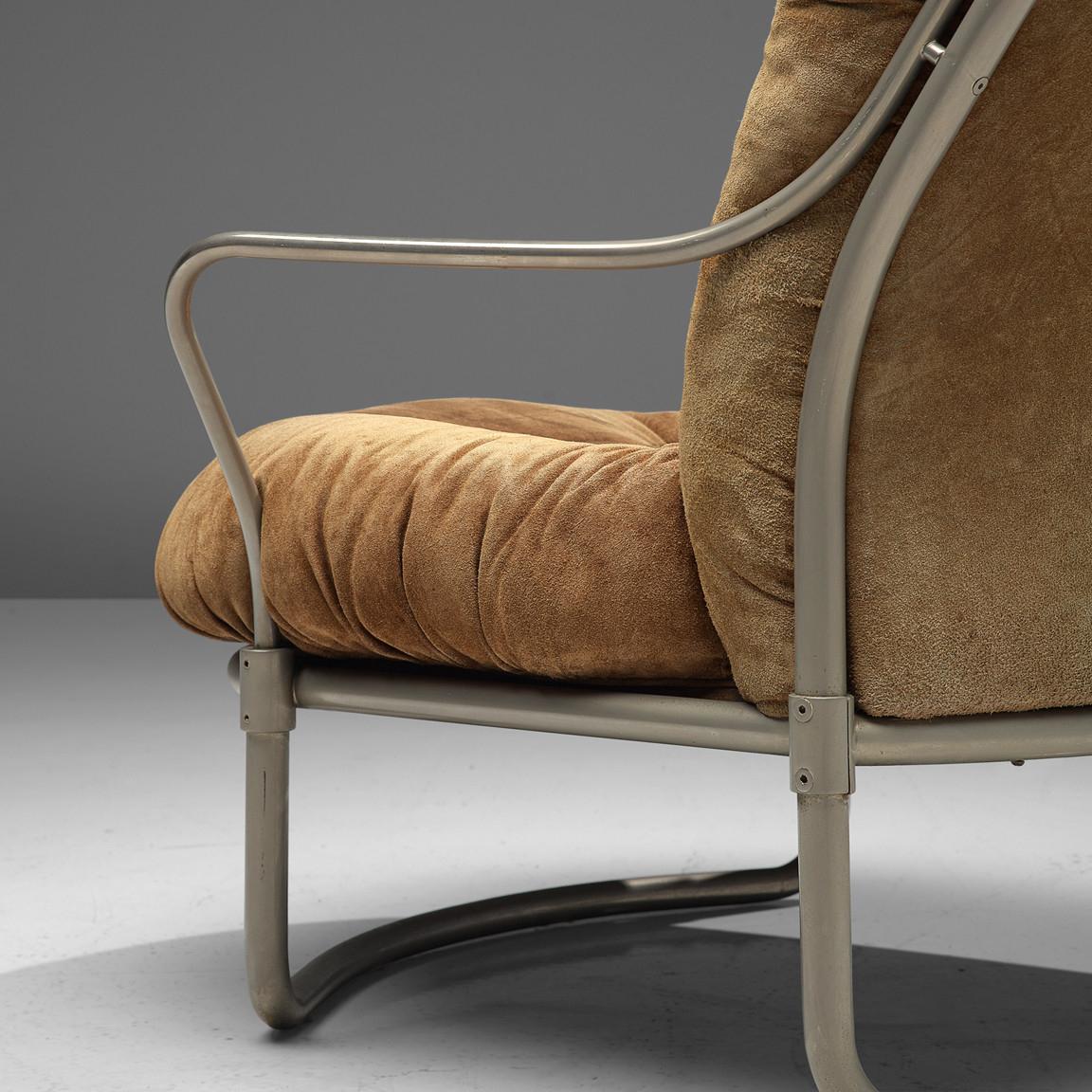 Italian Carlo De Carli for Cinova Lounge Chair in Beige Suede and Steel  For Sale