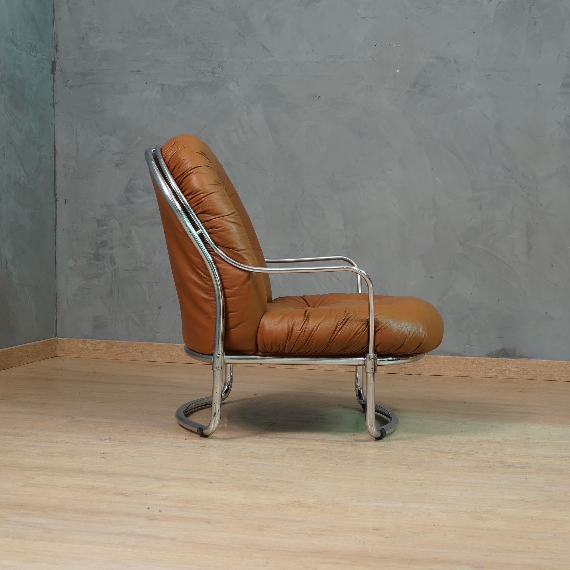Mid-Century Modern Carlo De Carli for Cinova Mod. 915 Chrome and Brown Leather Arm Chair, 1969 For Sale
