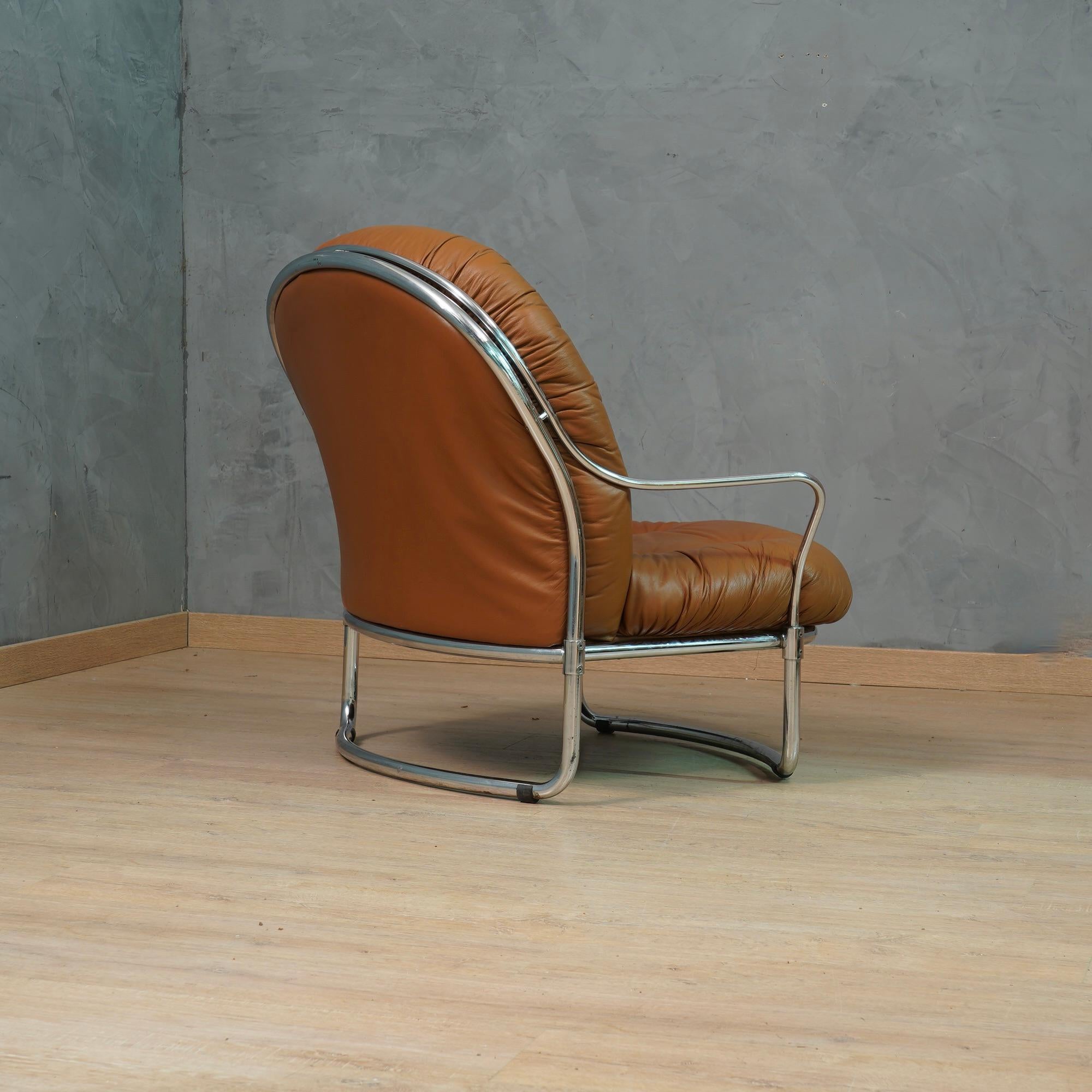 Italian Carlo De Carli for Cinova Mod. 915 Chrome and Brown Leather Arm Chair, 1969 For Sale