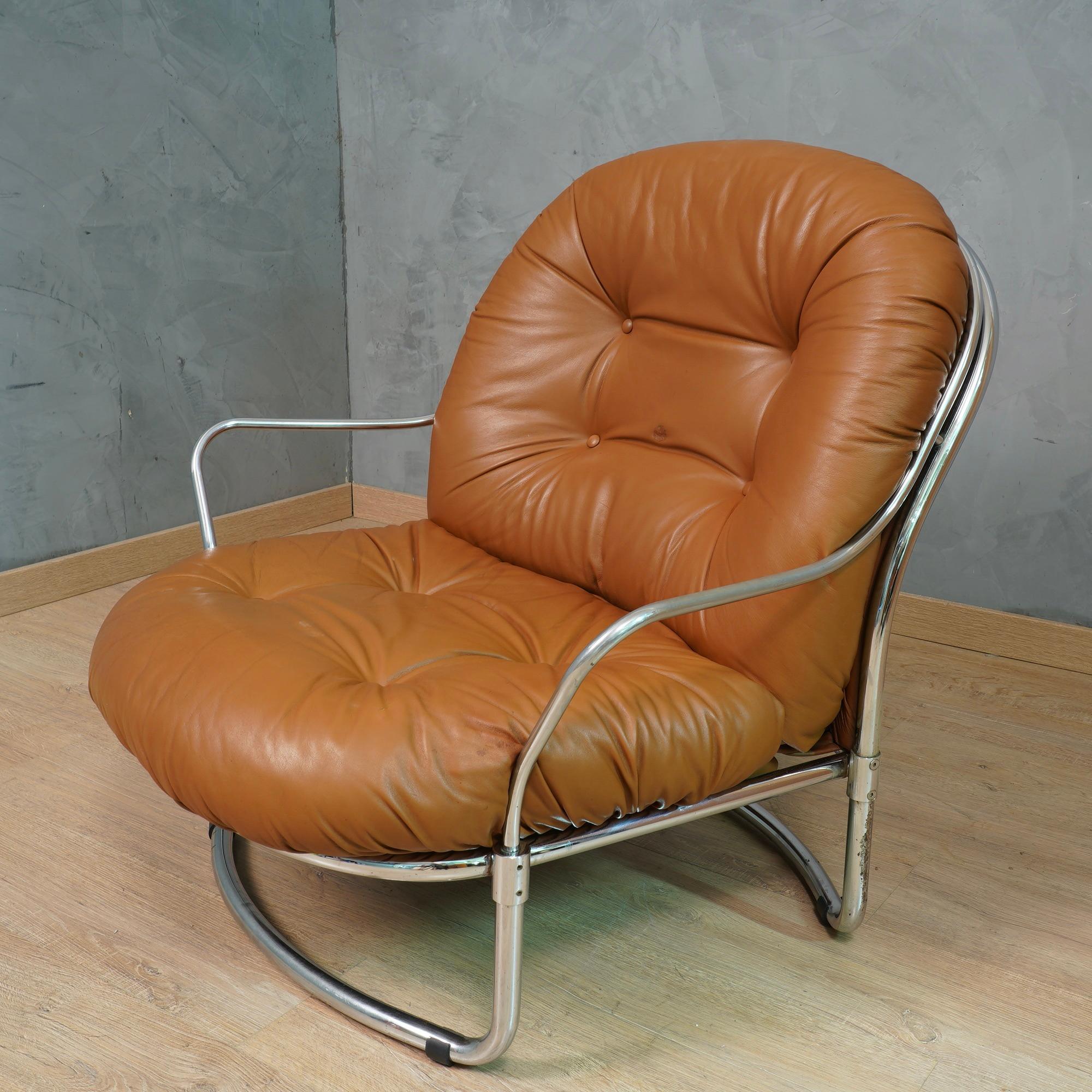 Carlo De Carli for Cinova Mod. 915 Chrome and Brown Leather Arm Chair, 1969 In Good Condition For Sale In Rome, IT