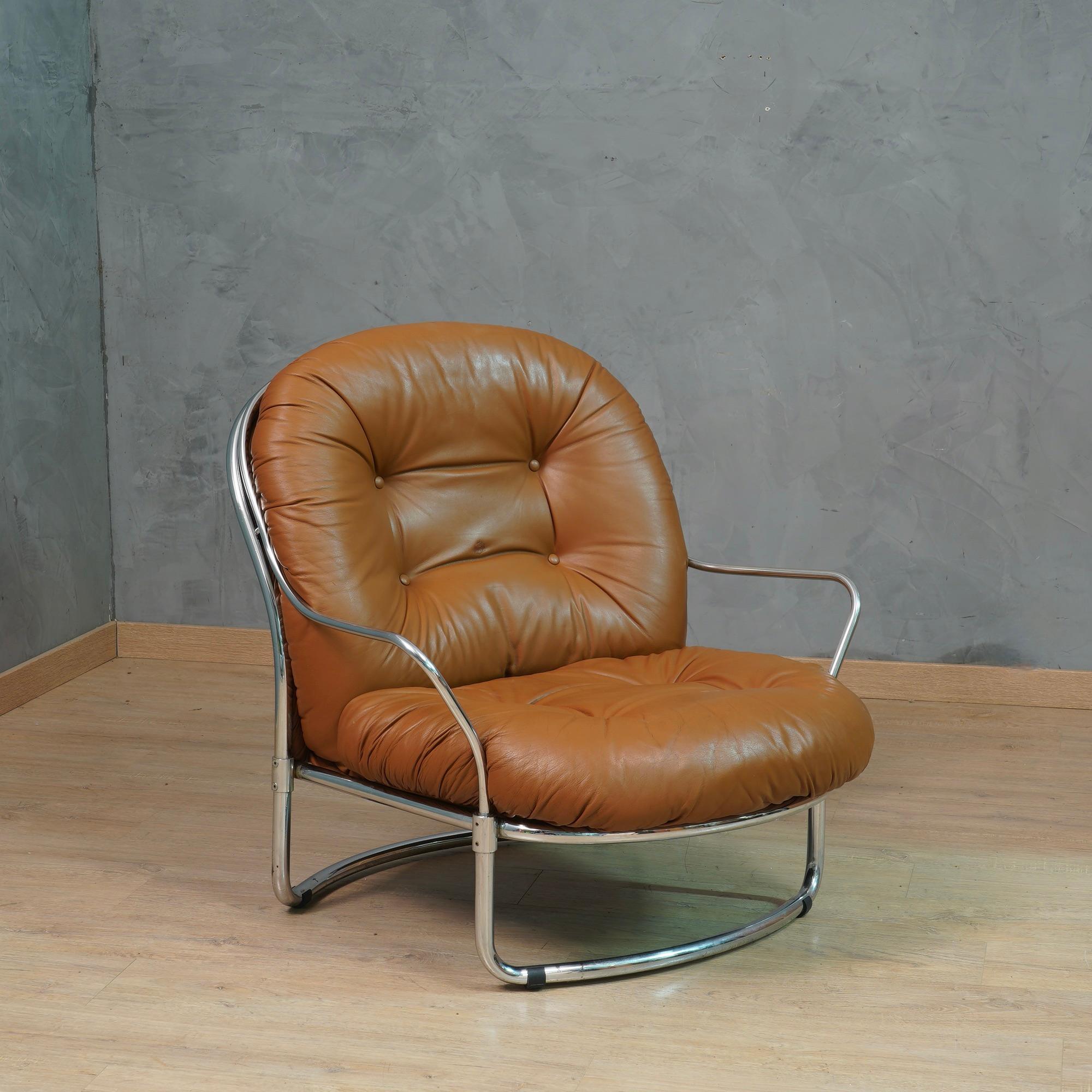 Carlo De Carli for Cinova Mod. 915 Chrome and Brown Leather Arm Chair, 1969 For Sale 1