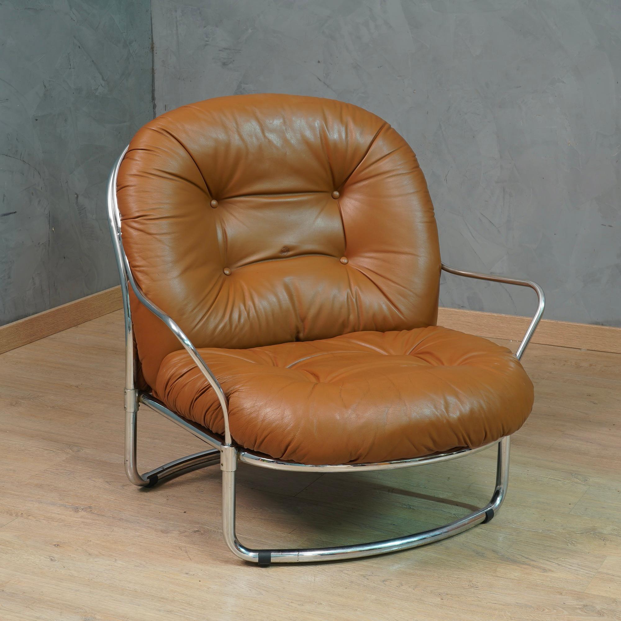 Carlo De Carli for Cinova Mod. 915 Chrome and Brown Leather Arm Chair, 1969 For Sale 2