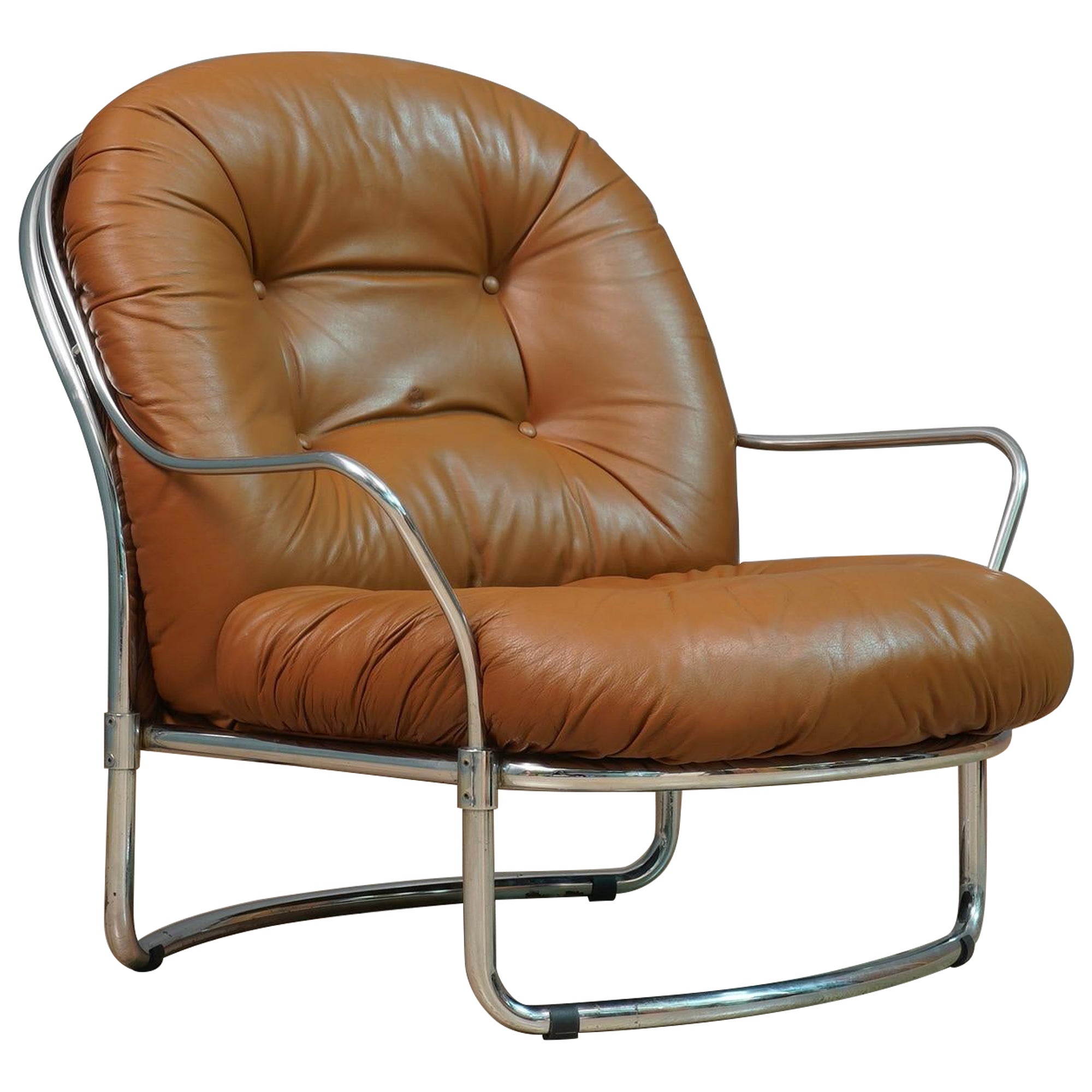 Carlo De Carli para Cinova Mod. 915 Sillón de cromo y cuero marrón, 1969 en venta