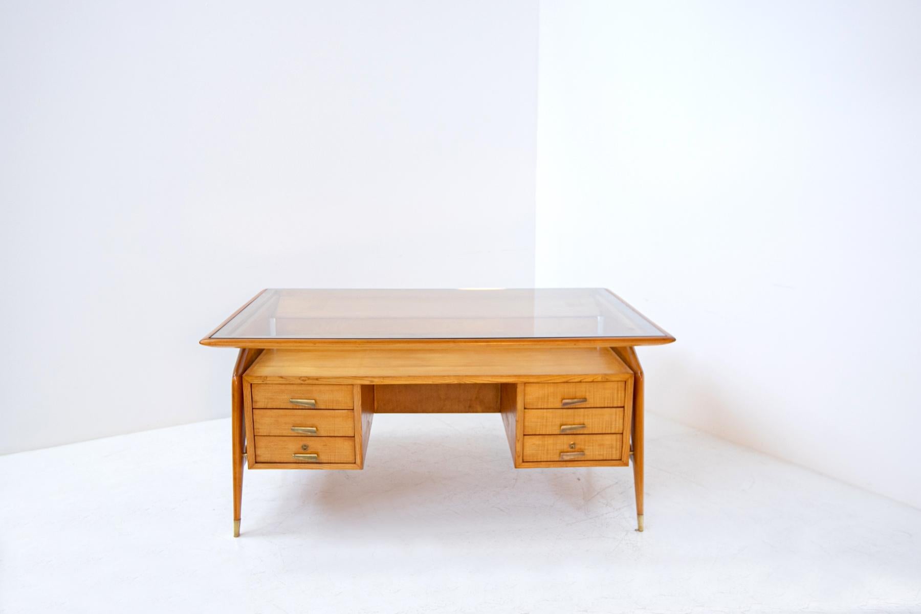 Carlo de Carli Important Desk in Wood Glass and Brass, 1950s Published 7