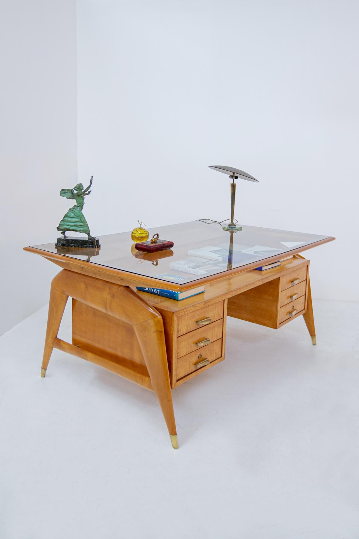 Carlo de Carli Important Desk in Wood Glass and Brass, 1950s Published 14